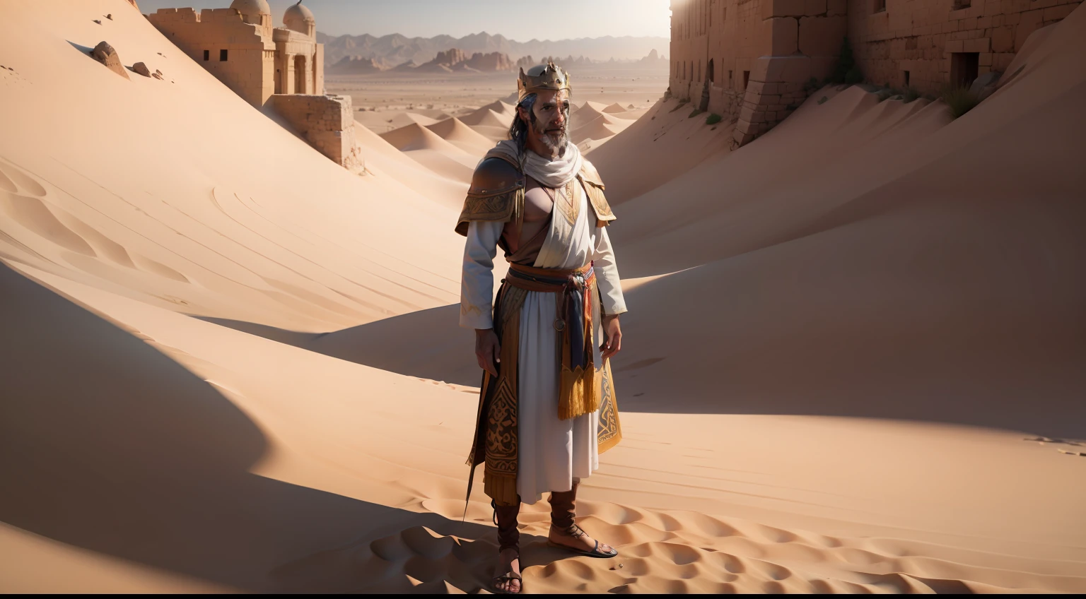 King talking to many people, without glass, biblical clothing, robe and tunic, scenery in a biblical city, desert,, clear facial features, cinematic, accent lighting, global illumination