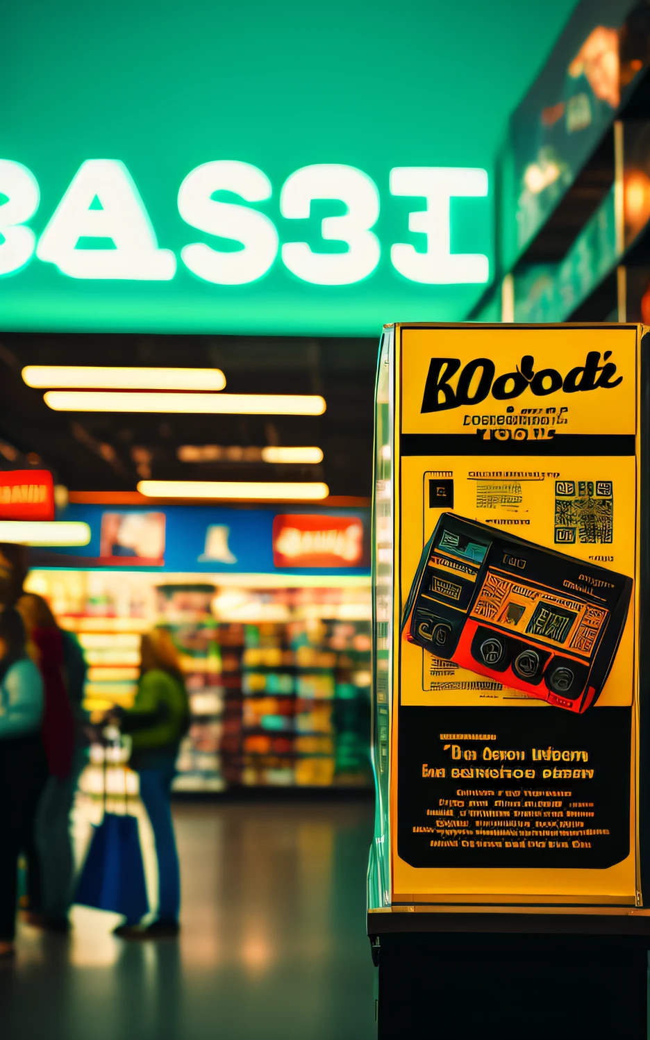 POV photo of online purchase . Busy retro store interior background, people in the background, kodak vision 3, Smart online shopping, Satisfaction, Empowerment, Euphoria, Confidence, Relief, 8k, smart, advertising