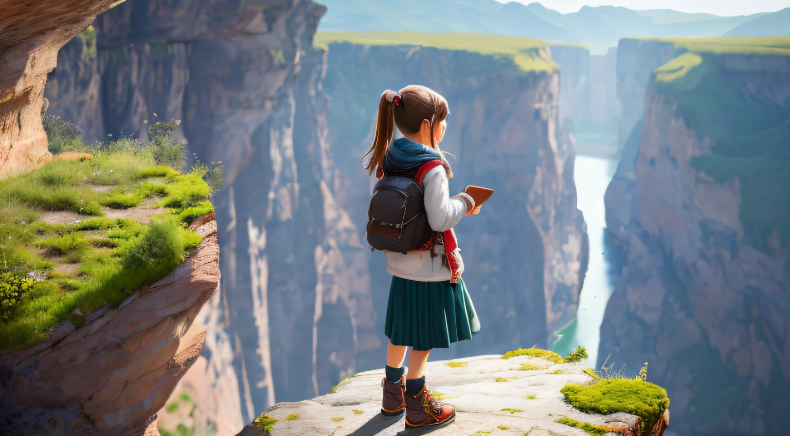 cute girl at the edge of a cliff, high quality, high detail