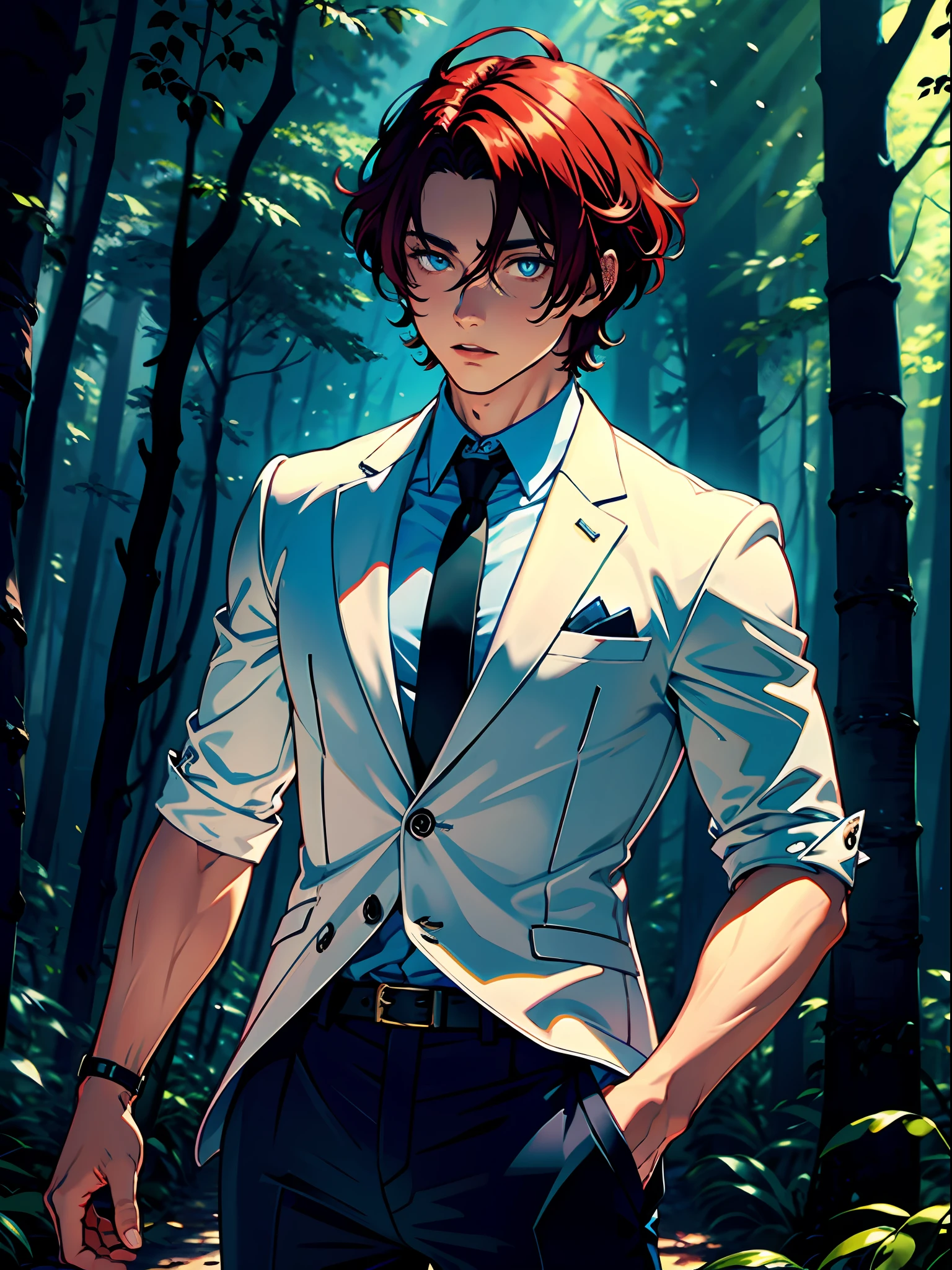 (best quality, masterpiece), (1 man, solo), (short red hair), (blue eyes, bright pupils), muscular, (messy elegant suit), (dark forest background)