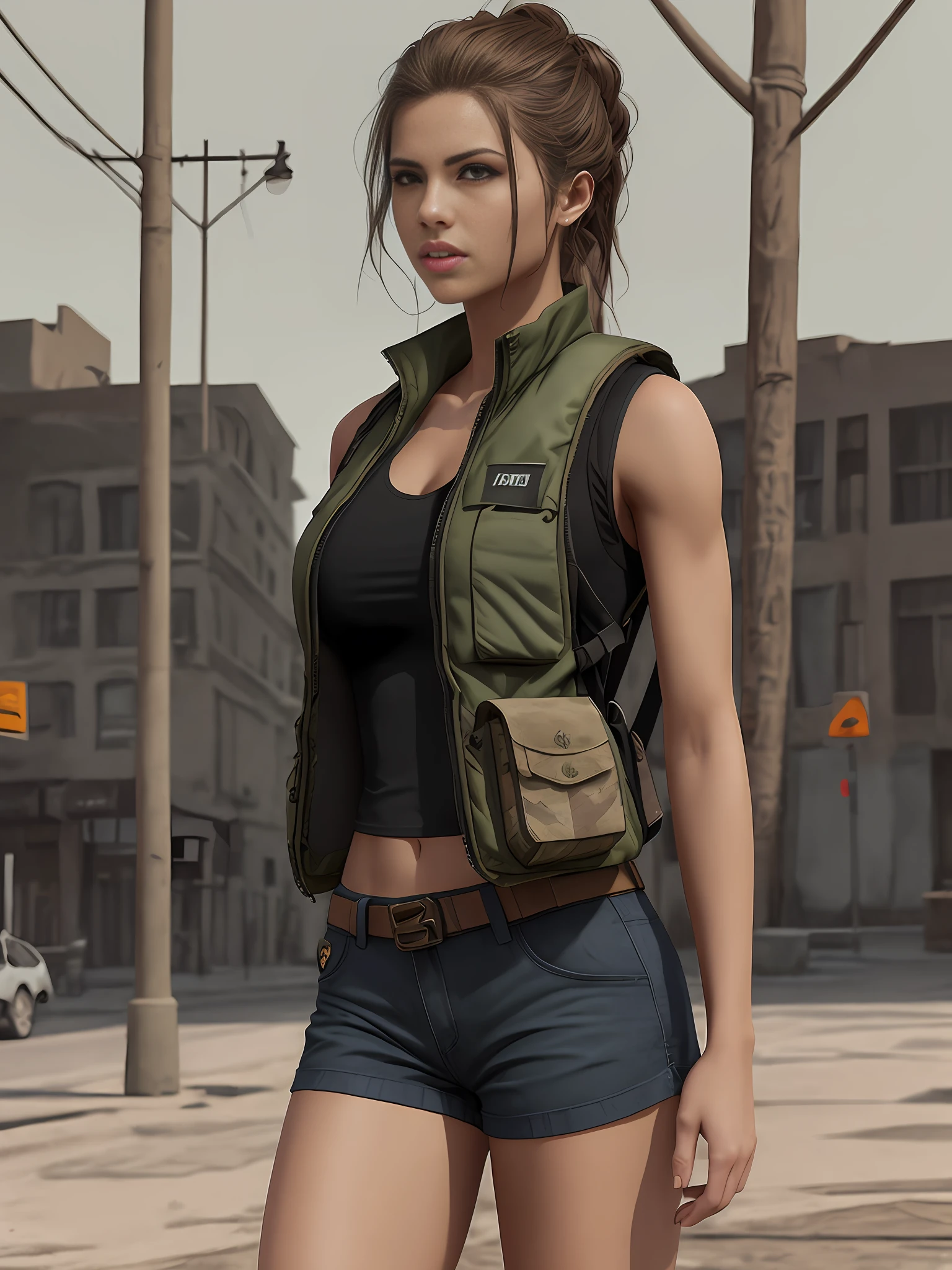 fit girl on the street, desert military vest, backpack, epic realistic, photo, faded, complex stuff around, neutral colors, ((((hdr)))), ((((muted colors)))), intricate scene, artstation, intricate details, vignette, heavy military vest:1.2, military shorts, closed clothing, conservative look, safe for work:1.2, sfw:1.2, perfect anatomy, tactical vest:1.2, large tactical vest