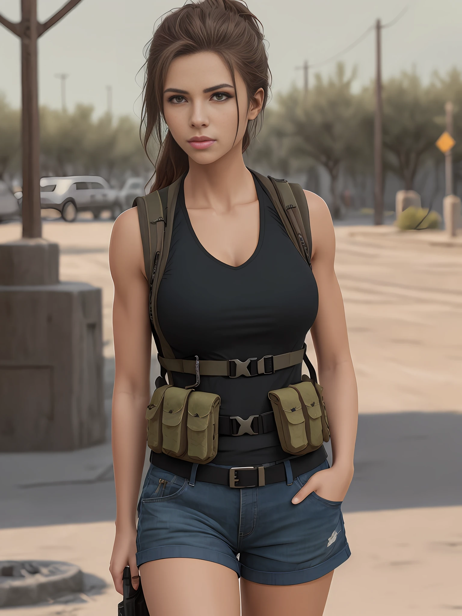 fit girl on the street, desert military vest, backpack, epic realistic, photo, faded, complex stuff around, neutral colors, ((((hdr)))), ((((muted colors)))), intricate scene, artstation, intricate details, vignette, heavy military vest:1.2, military shorts, closed clothing, conservative look, safe for work:1.2, sfw:1.2, perfect anatomy, tactical vest:1.2, large tactical vest