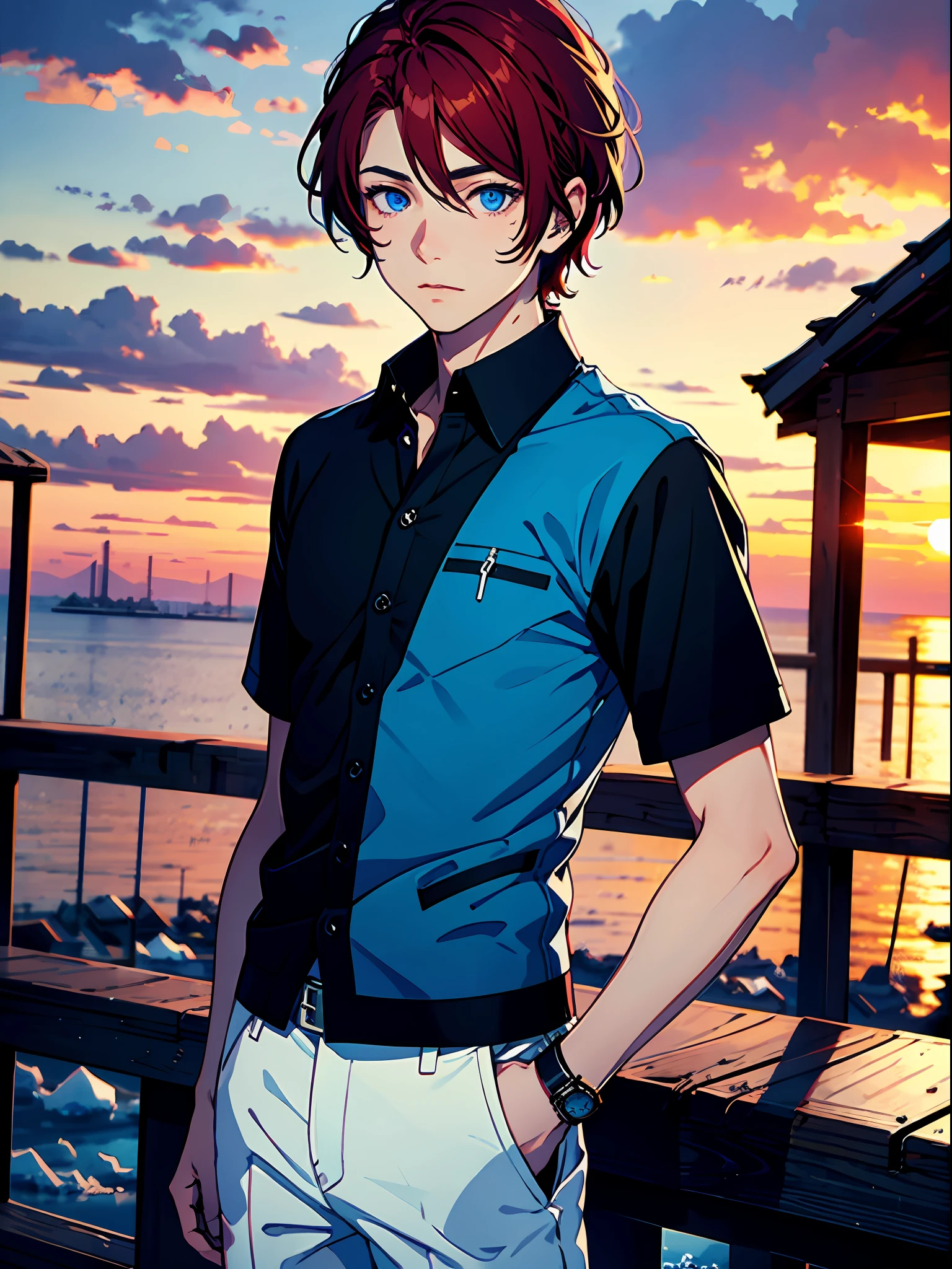 (best quality, masterpiece), portrait, 1 boy, solo, (deep red hair, short), (ice blue eyes, sharp look), black shirt, white pants, (sunset background),