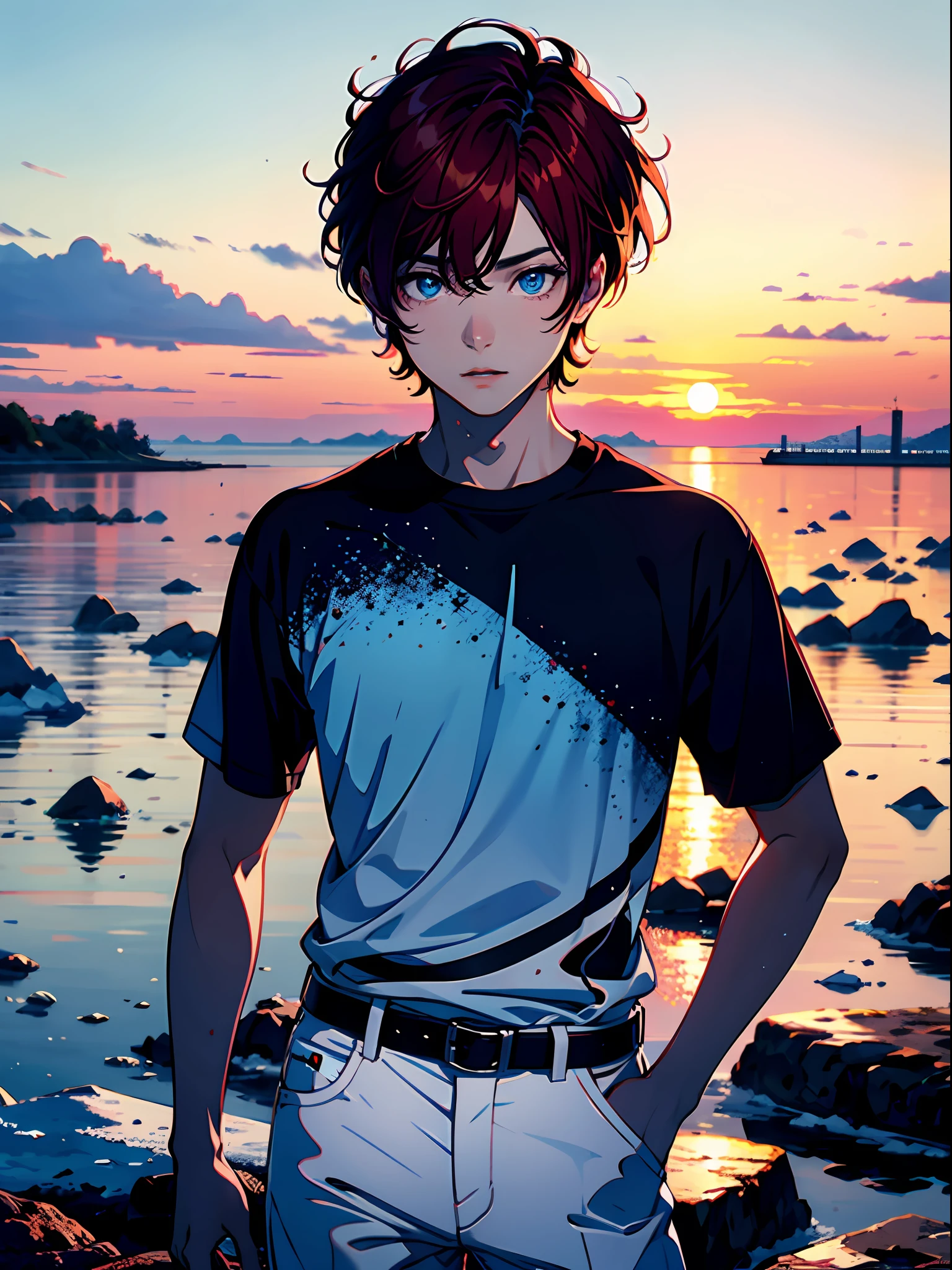 (best quality, masterpiece), portrait, 1 boy, solo, (deep red hair, short), (ice blue eyes, sharp look), black shirt, white pants, (sunset background),