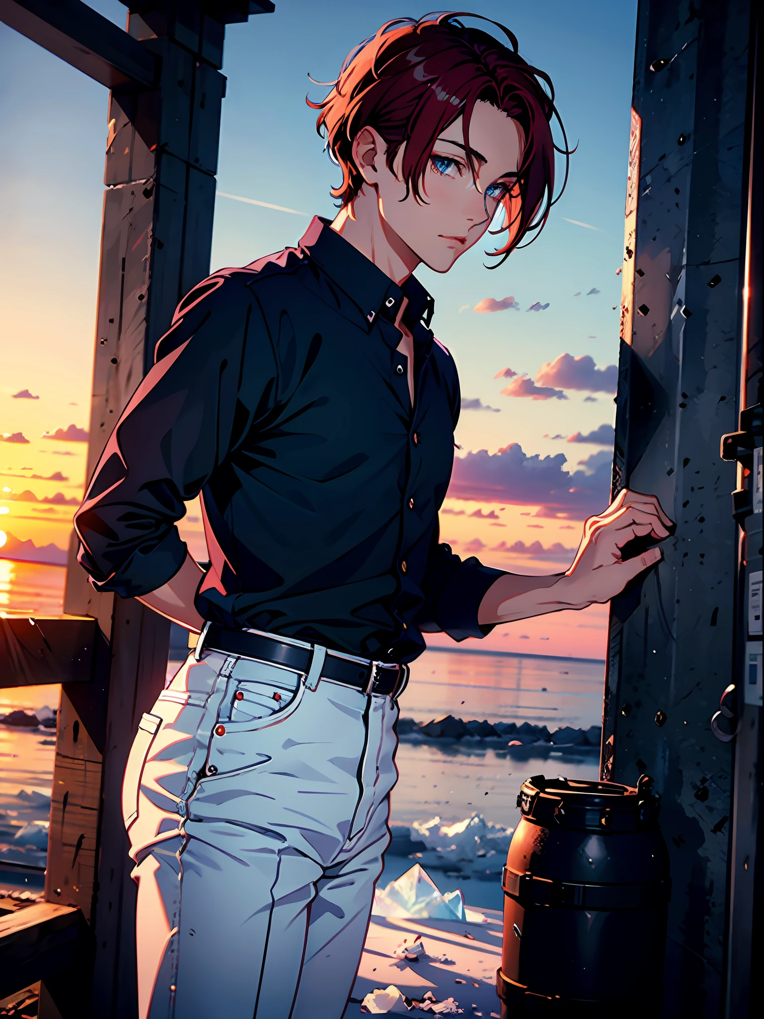 (best quality, masterpiece), close-up, 1 man, solo, (deep red hair, short), (ice blue eyes, sharp look), black blouse, rolled up and with several buttons open, white pants, (sunset background)