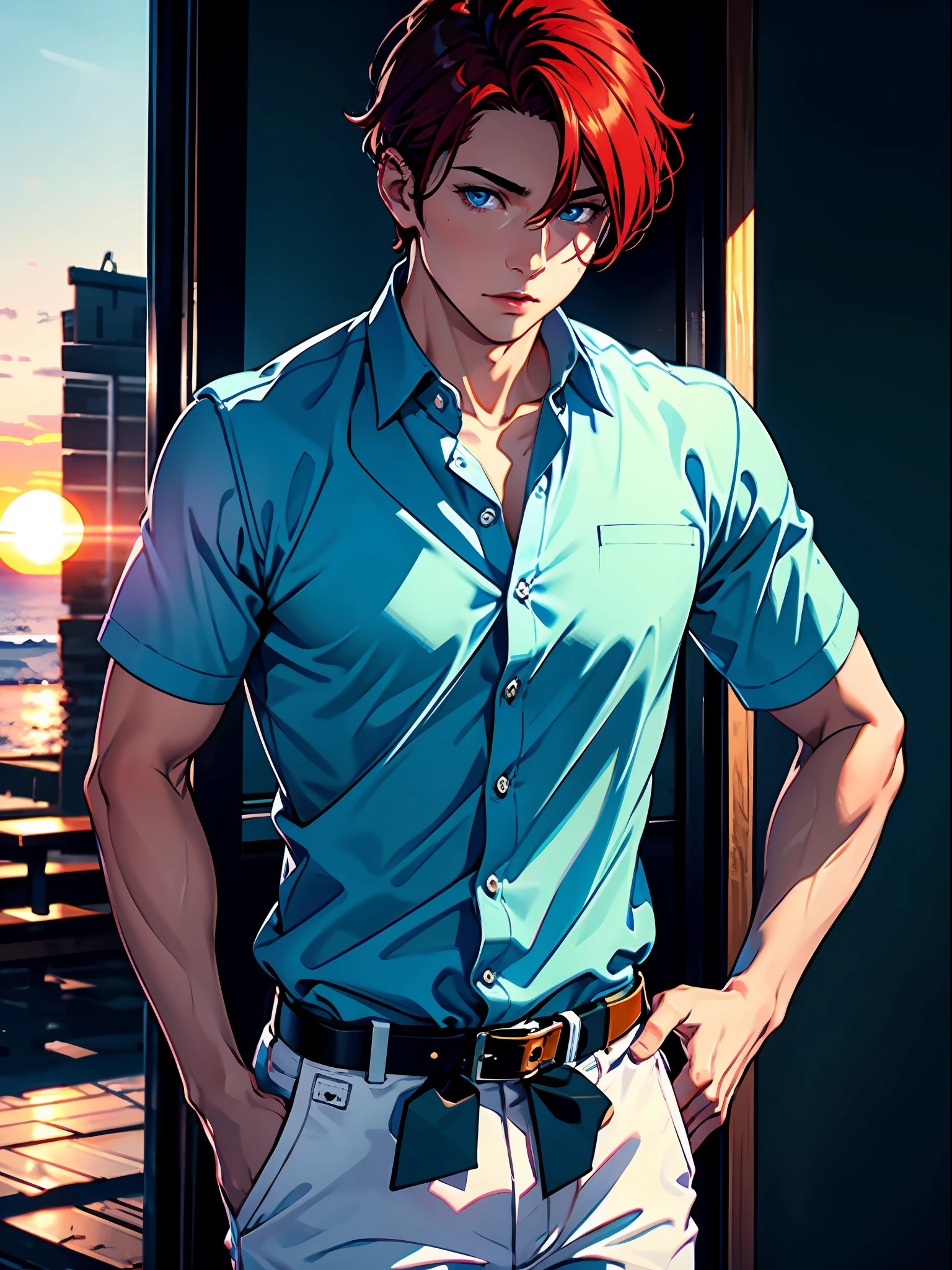(best quality, masterpiece), close-up, ung man, muscular, alone, (short bright red hair), (ice blue eyes, sharp look), black blouse, rolled up and with several open buttons, white pants, (sunset background)
