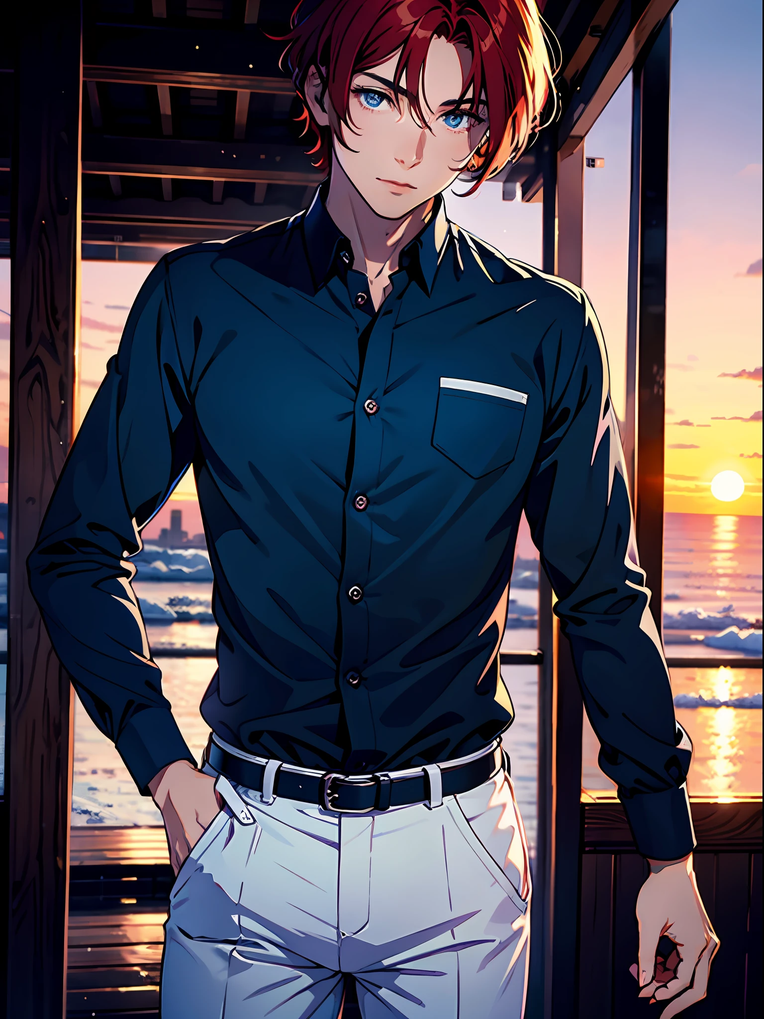 (best quality, masterpiece), close-up, 1 young man, muscular, alone, (short bright red hair), (ice blue eyes, sharp look), black long-sleeved blouse, rolled up and with several open buttons, white pants, (sunset background)