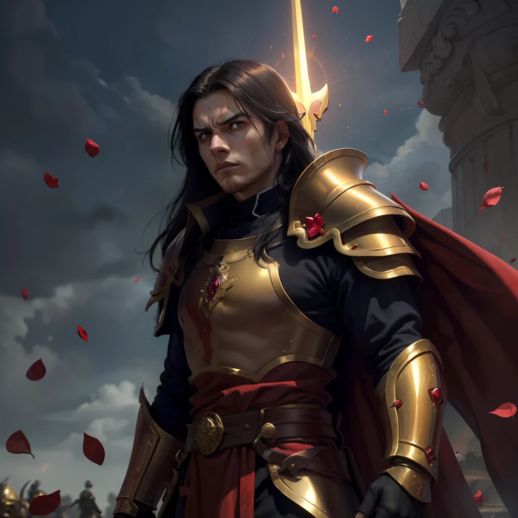 A young man, (((solo))), (25 years old, pale skin, tall, pale skin, round face, square jaw, furious look, long black hair with bangs: 1.50, thick eyebrow, straight face), (he has a red ruby jewel in the middle of his forehead: 1.30) (he is a holy paladin, wears a costume of long red and white fabric of noble style,  with armor of red metal plates and with gauntlets, with ruby gems, has a golden halo), (he is covered in blood and with red rose petals floating around him, his eyes shine in an intense red light), (he holds with his right hand a completely golden spear), (he is floating, descending from the heavens for combat),  (there is a beautiful blue sky, with a battlefield in the background), (a medieval holy war)