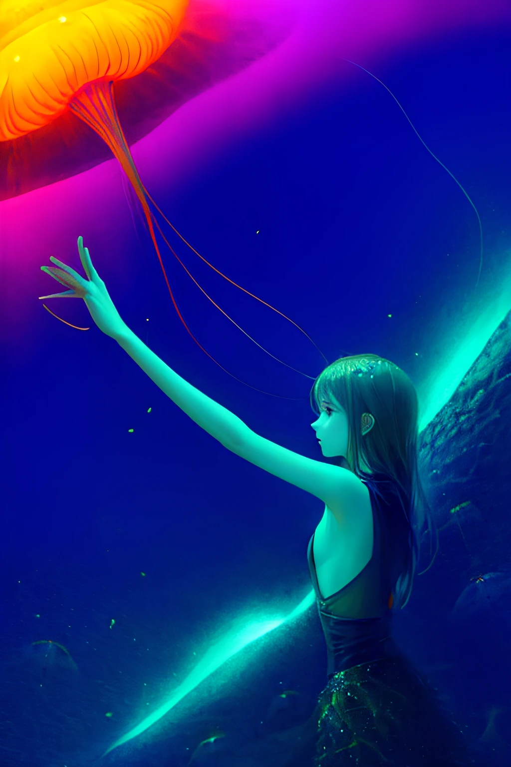 Colorful, no humans, jellyfish, landscape, 1girl, upper body,