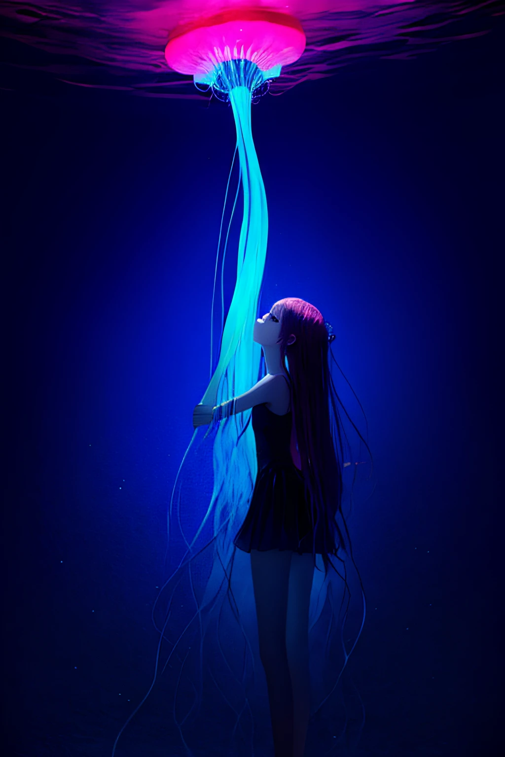 Colorful, no humans, jellyfish, landscape, 1girl, upper body,
