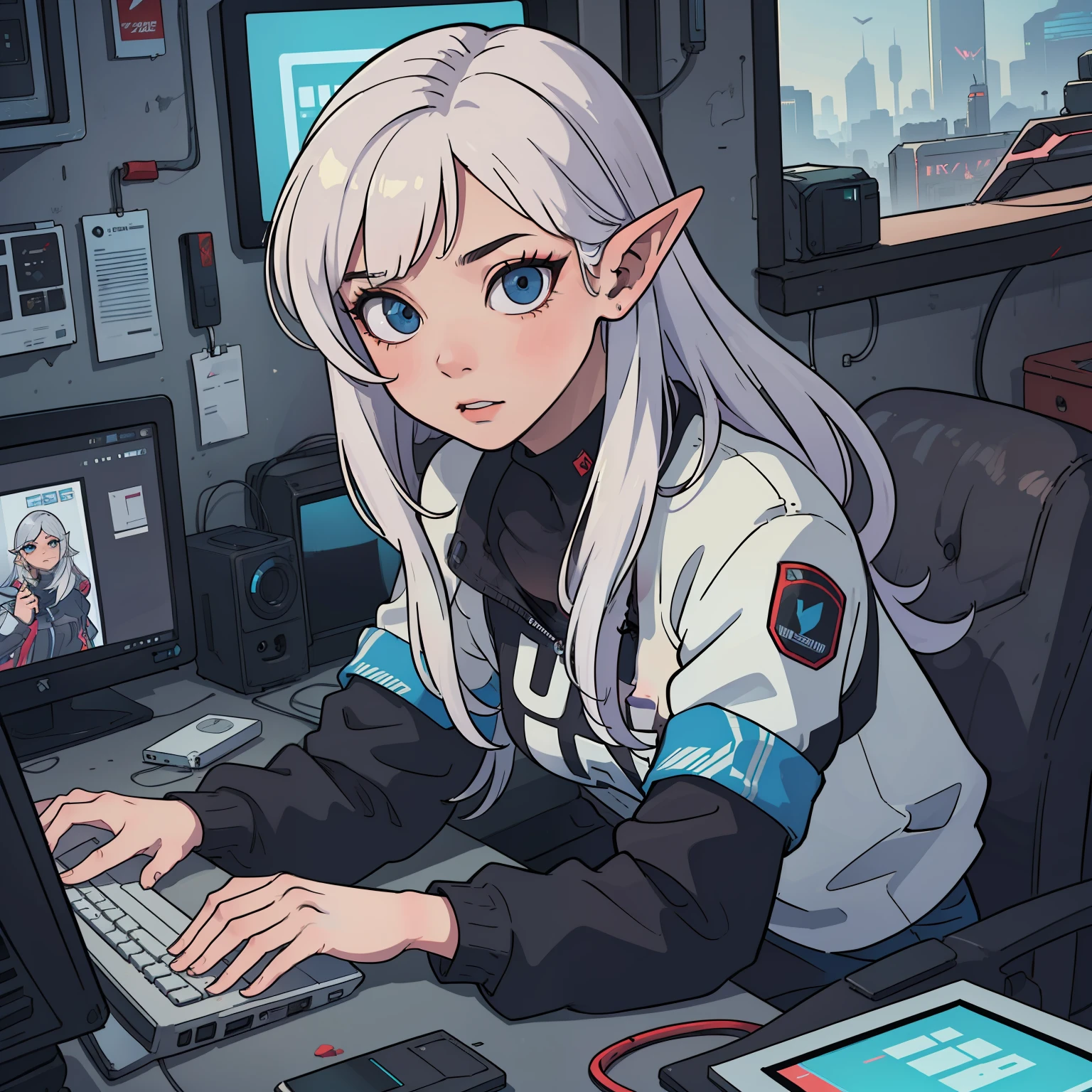 ((masterpiece)), ((best quality)), ((ultra high resolution)), a woman, elf, cyberpunk clothes 2077, inside a cyberpunk house 2077, very detailed background, detailed skin, detailed face, gorgeous, messy, long white hair, dynamic poses, fiddling with the computer, hacker