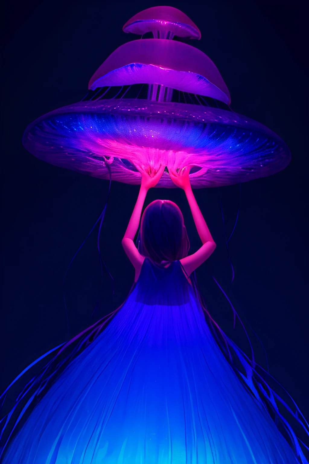 Colorful, no humans, jellyfish, landscape, 1girl, upper body,