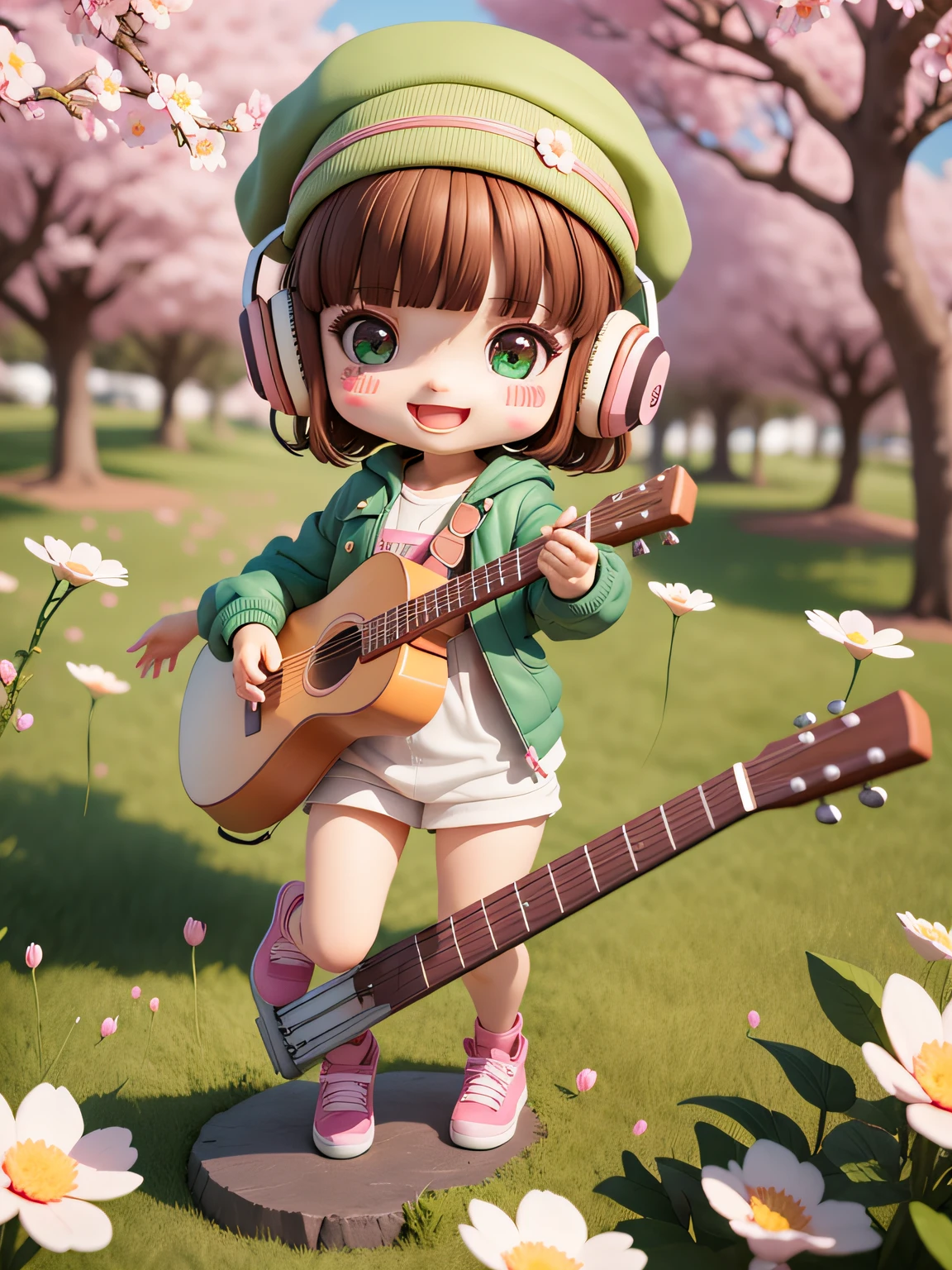 (masterpiece),(best quality),(ultra-detailed), (full body:1.2), 1girl,chibi,cute, smile, open mouth, flower, outdoors, playing guitar, music, beret, holding guitar, jacket, blush, tree, :3, shirt, short hair, cherry blossoms, green headwear, blurry, brown hair, blush stickers, long sleeves, bangs, headphones, black hair, pink flower, (beautiful detailed face), (beautiful detailed eyes),