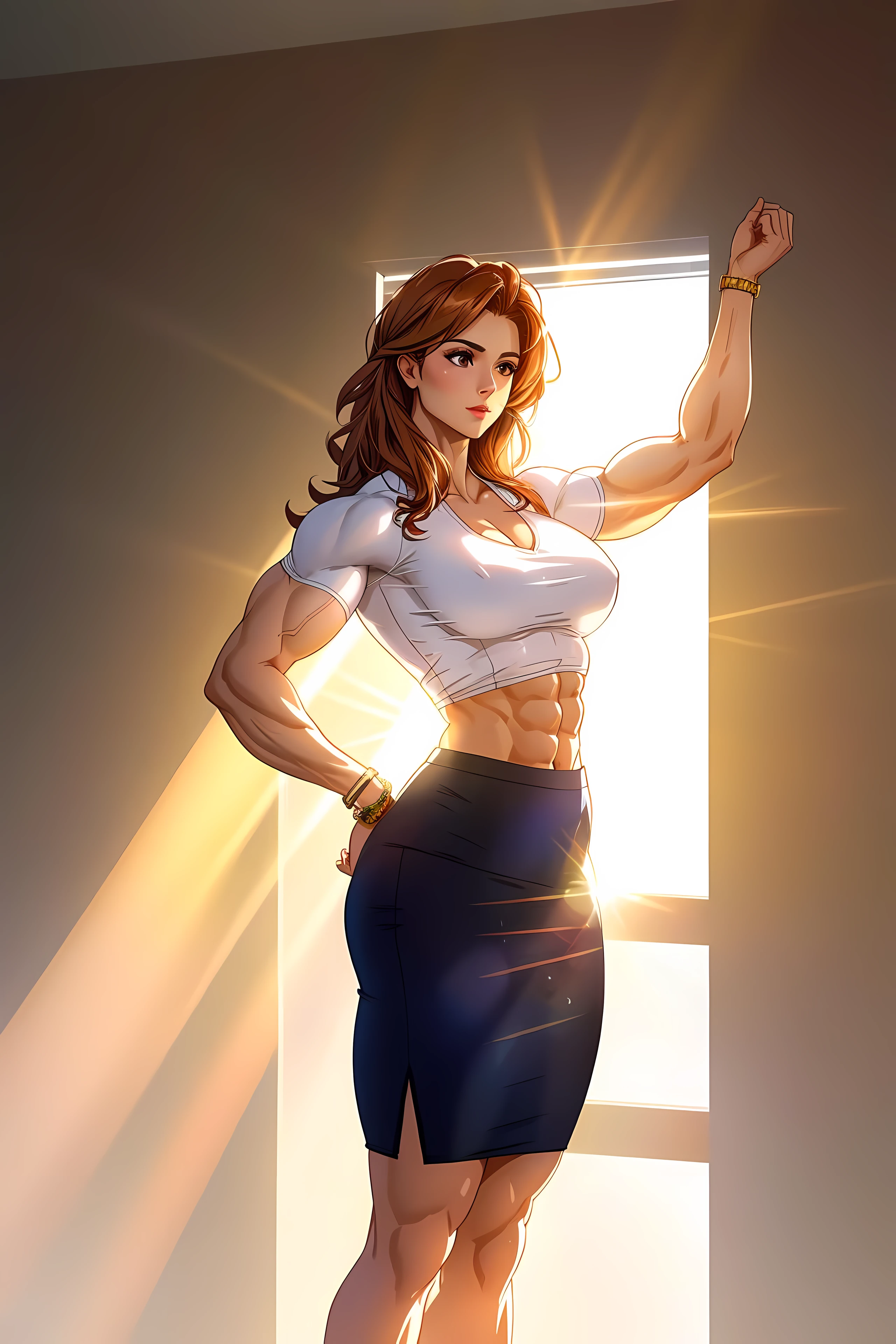 bodybuilder, vivid hair, pencil skirt, blouse, light rays, god rays, muscular, realistic, breasts