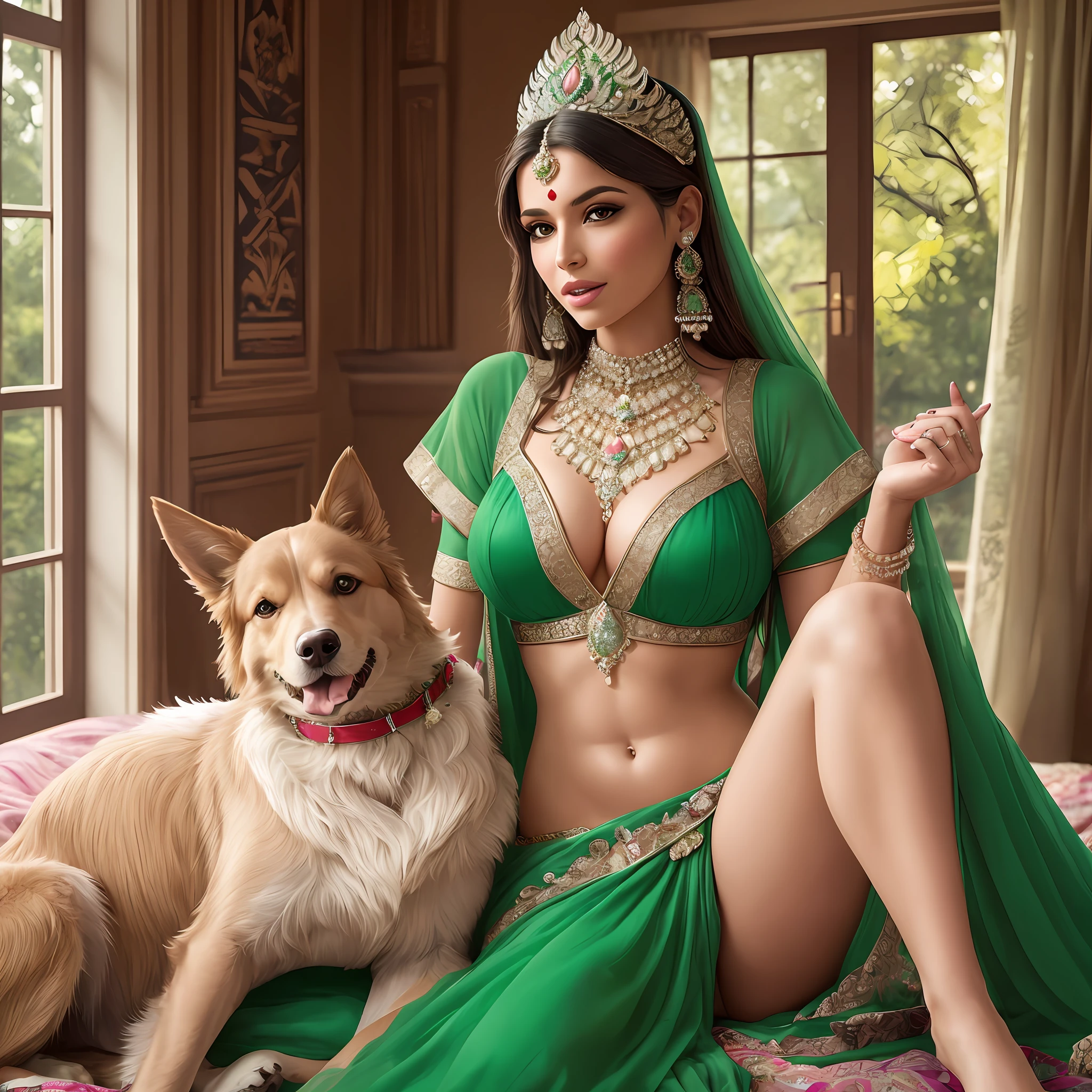 "Indian princess showcasing her toned stomach and long legs, adorned in an elegant jeweled light green dress, amidst a picturesque in bedroom. Playfully interacting with her dogs and dog licking princess leg. Realistic depiction with intricate details." --auto