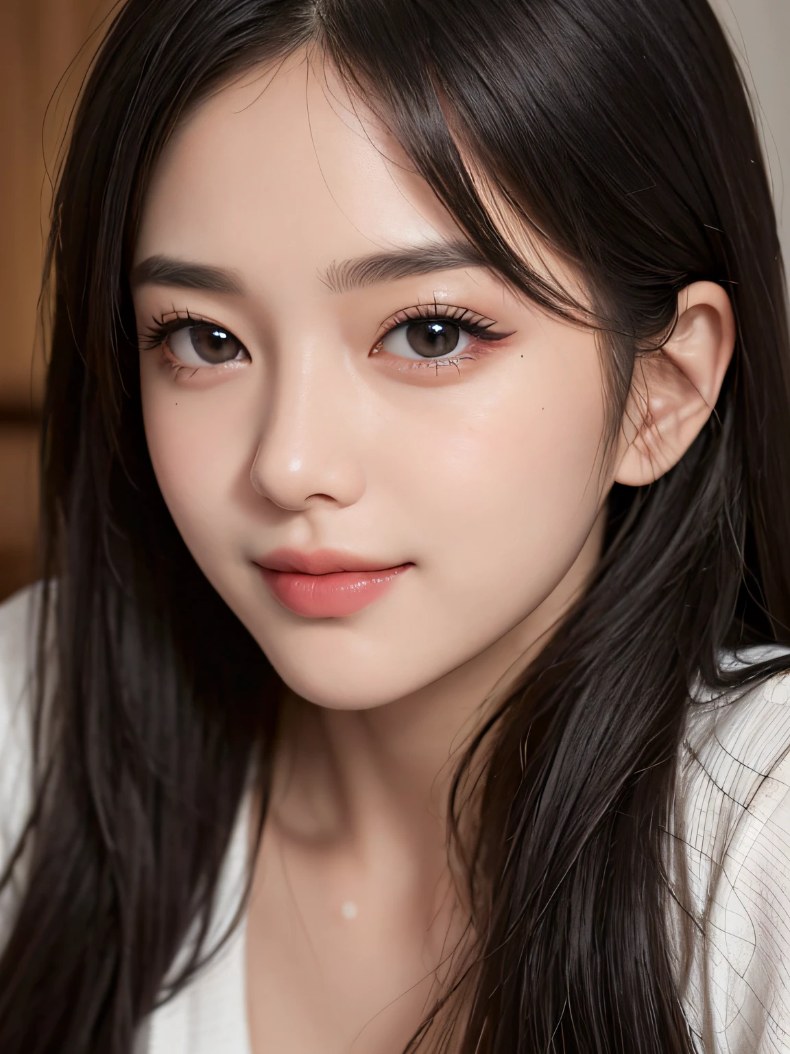 masterpiece, best image quality, high quality, beautiful woman, popular korean makeup, detailed, big eyes, detailed eyes, detailed skin, beautiful skin, super high resolution, (reality: 1.4), very beautiful, slightly younger face, beautiful skin, slim, (super realistic), (high resolution), (8K), (very detailed) (best illustration), (beautiful detailed eyes), (super detailed), (detailed face), big breasts: 1.4, detailed face, pureerosfaceace_v1, smile, realistic photos, bright lights, professional lighting, black hair, long hair, short skirt, long and stylish bangs, black silk