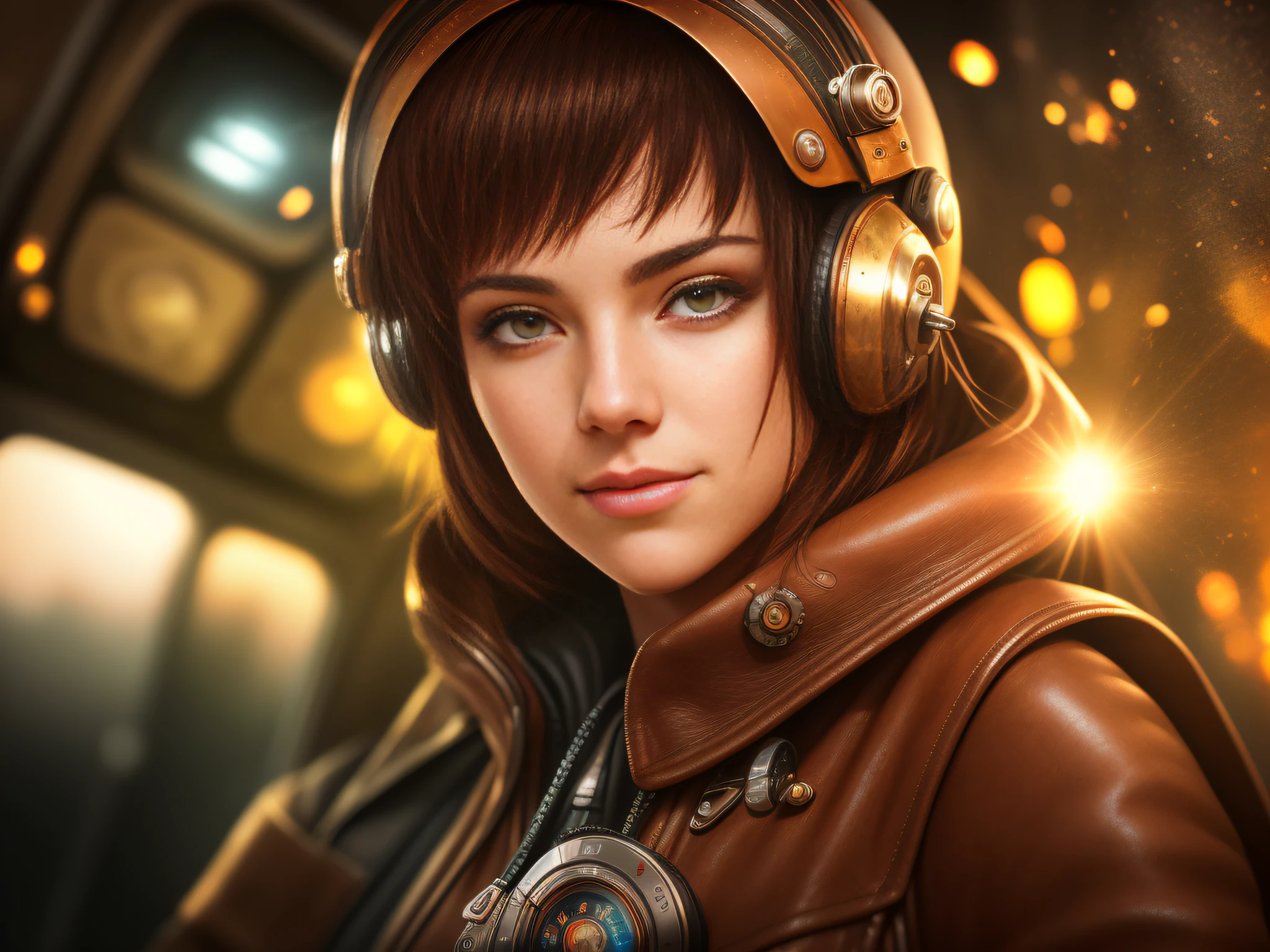 small pod, tight space, Cinematic steampunk star wars race pod pilot girl, looking at camera, facing camera, beautiful smile with closed lips, in complex hyper-detailed cockpit, red sunlight in your hair, dust desert punk, close-up, real and well-worn-looking clothes, mate leather, used leather clothing, lots of metal, copper and bronze, cinematic lighting, depth-of-field, hyper detailed, best quality, ultra high res, photorealistic, high resolution, detailed, raw photo, golden hour, lens flare, bloom, epic atmosphere, warm light, bokeh, high contrast, hdr, chromatic aberration, finely detailed eyes and detailed face, extremedetailed CG unit, 8k, intricate details, masterpiece, raw photo, (look at viewer:1.2) (skin texture) (film grain:1.3), (warm hue, warm tone) :1.2), close up, cinematic light, sidelighting, ultra high res, best shadow,