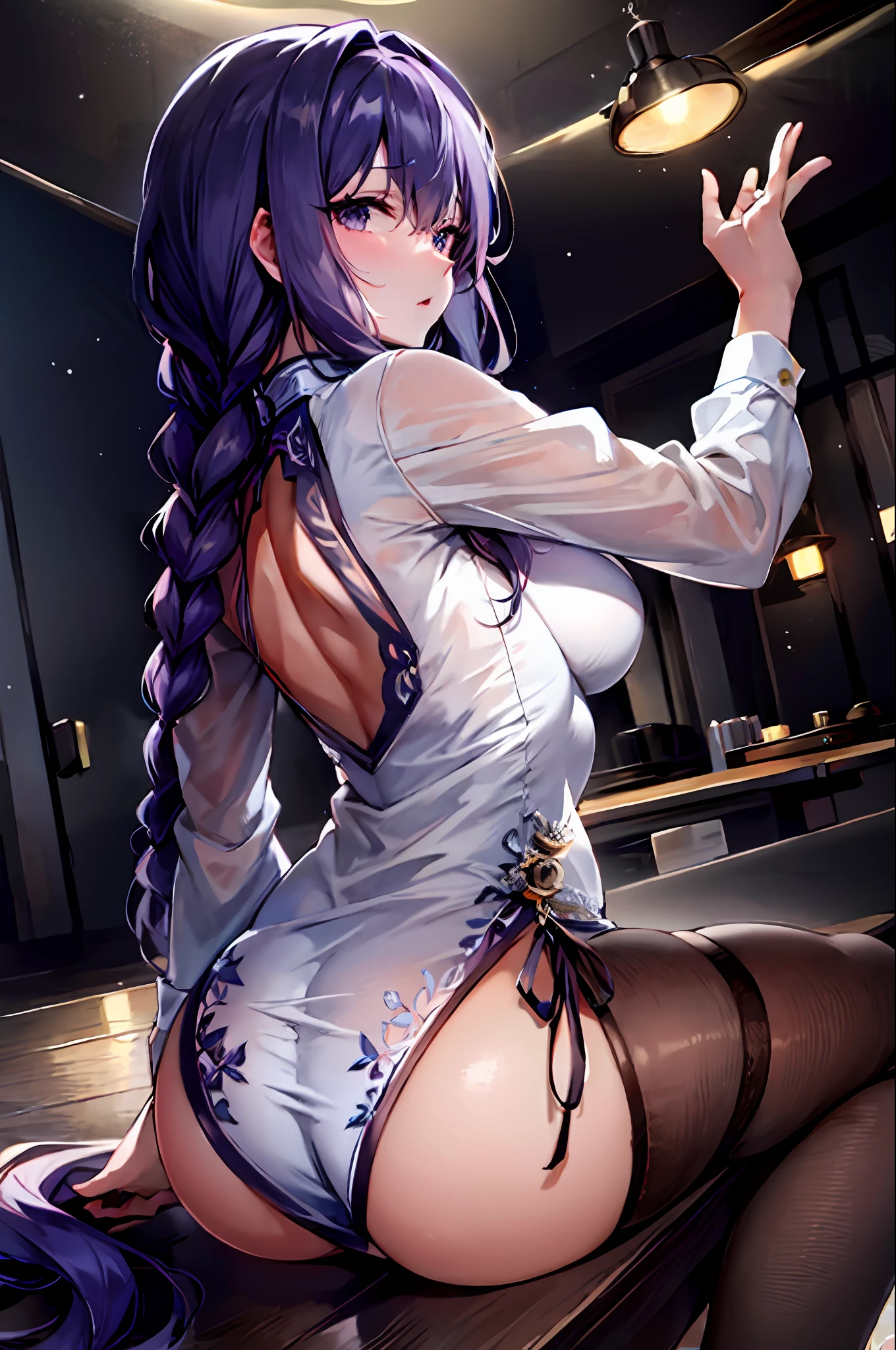 Sitting on the counter purple long-haired anime girl, Ayaka Genshin Impact, seductive anime girl, Overlord's Shalltear, Marin Kitagawa fanart, lit from behind, highly detailed delicate doujinart, beautiful seductive anime woman, revealing clothes, beautiful anime girl squatting down, (in noble robes)), holding a sword on her shoulder, wearing white clothes, big breasts