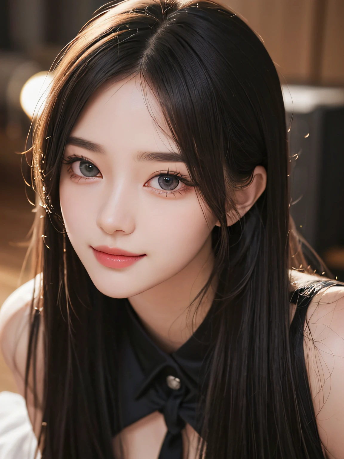 masterpiece, best image quality, high quality, beautiful woman, popular korean makeup, detailed, big eyes, detailed eyes, detailed skin, beautiful skin, super high resolution, (reality: 1.4), very beautiful, slightly younger face, beautiful skin, slim, (super realistic), (high resolution), (8K), (very detailed) (best illustration), (beautiful detailed eyes), (super detailed), (detailed face), big breasts: 1.4, detailed face, pureerosfaceace_v1, smile, realistic photos, bright lights, professional lighting, black hair, long hair, short skirt, long and stylish bangs, black silk