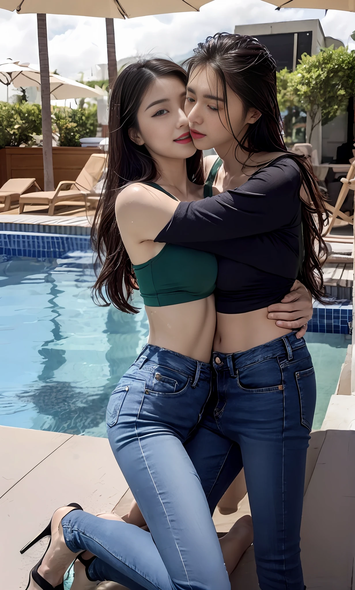 1 man, 1 woman, (male model hugging female model, kissing, intimate relationship: 1.2), Araff woman in pink top and jeans and handsome male model, Korean female fashion model, photo of slim girl model, wearing tight simple clothes, skinny waist and thick buttocks: 1.1, gorgeous young Korean woman wearing sexy cropped top in crop top with crop top Korean girl, casual dress style, 2 4 old female model, beautiful Korean woman, HD, 16k, realistic, small round face: 1.0, realistic perfect face and skin, detailed beautiful glasses, double eyelids, long eyelashes, swollen eyes, realistic face and eyes, facial light, super detailed facial details, lip gloss, blush: 1.0, brand open crop top (pink, open V-neck, super realistic detailed clothes: 0.8, huge boobs: 1.5, perfect breasts and nipple bulge: 1.5), high-end brand skinny jeans ((super realistic detailed jeans: 0.6)), perfect big boobs, Perfect breasts, perfect waist, perfect buttocks, (enchanting, beautiful, sexy: 1.0), (round calves: 1.2), (white and tender toes: 1.2, wearing high-end designer crystal sandals (stiletto heels: 0.5)), realistic and stylish shawl hair, shoulder length: 1.0, smiling teeth: 1.0, handsome male model: 1.0, private shooting, private shooting, background ((super luxurious yacht, green venue, buffet table, swimming pool, poolside parasols and beach chairs)) , Dancing with a male model: 1.2, Dancing gracefully: 1.5, Autofocus: 1.2, Versatile poses, Full body shooting: 1.5