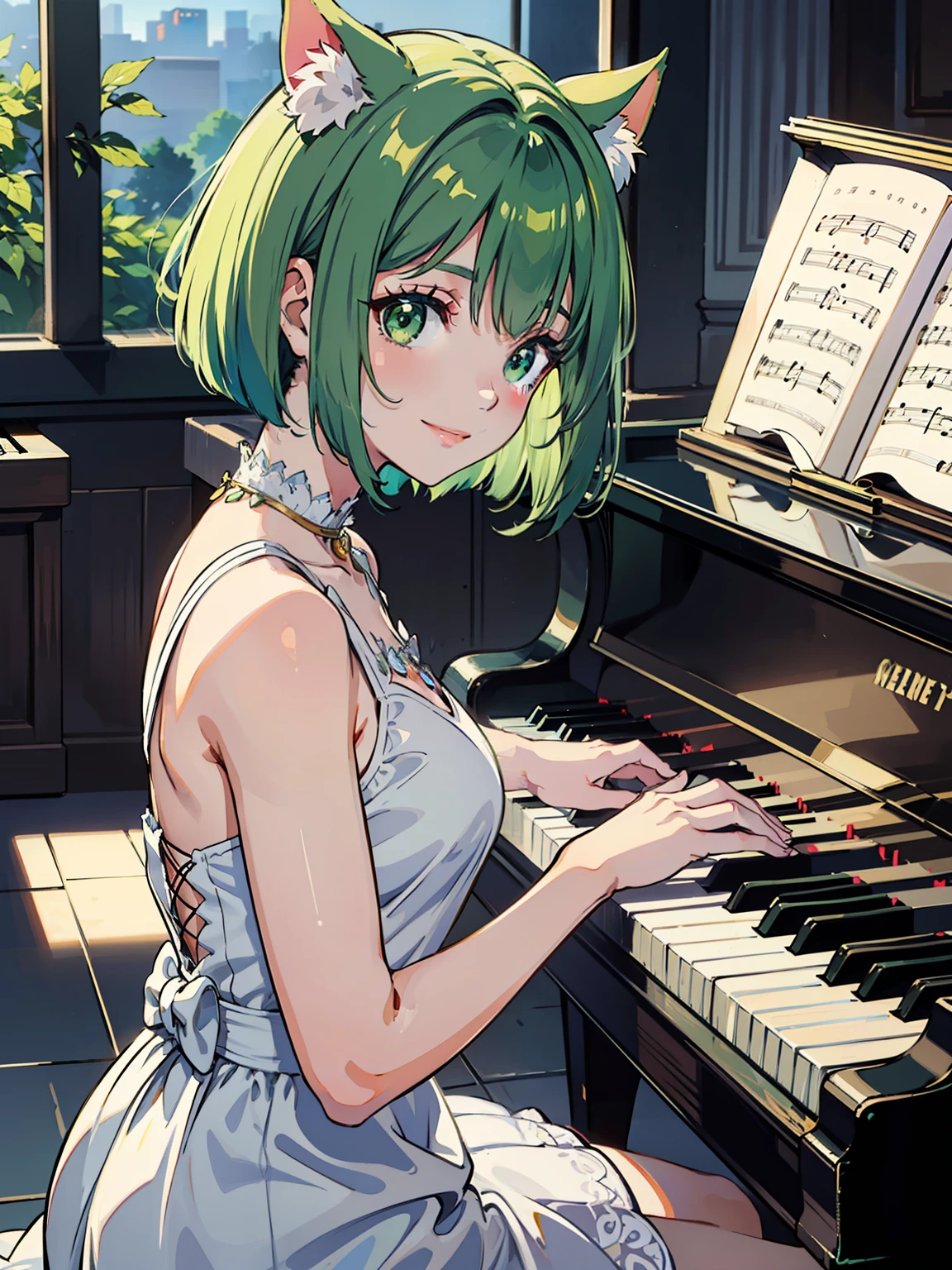 Under a pale twilight sky, a smiling cat girl (short green bob hair, green eyes) wearing a white dress is sitting in front of a piano made of transparent crystal and performing. Glowing blue notes rise from the piano keys, a fusion of mystical atmosphere and beautiful music, dynamic poses