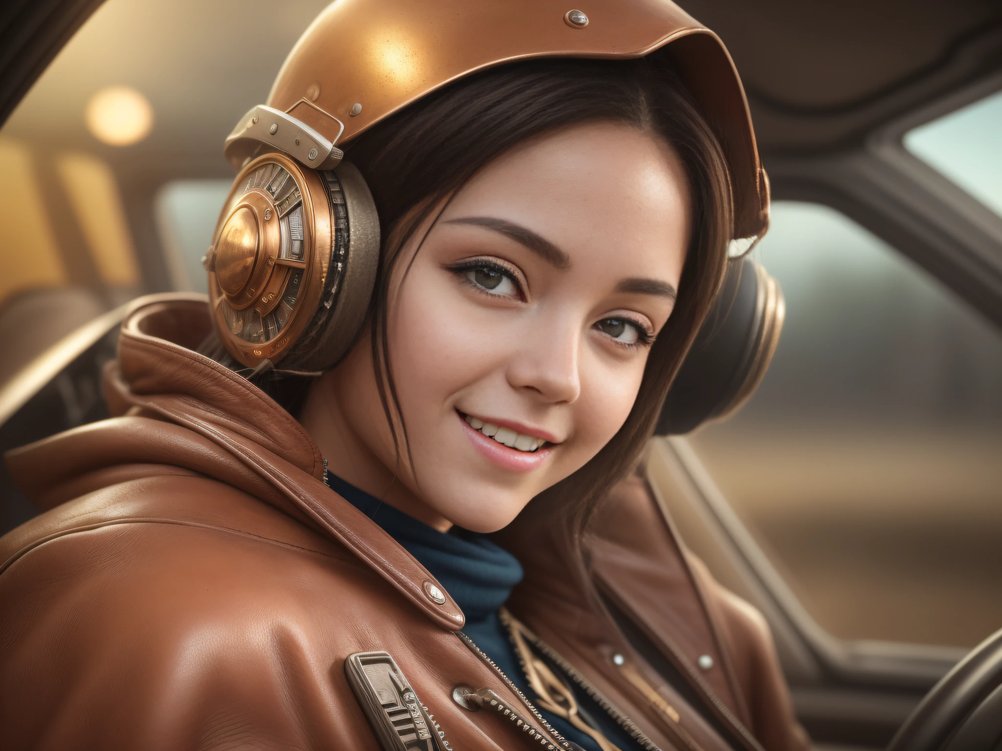 small pod, tight space, Cinematic steampunk star wars race pod pilot girl, looking at camera, facing camera, beautiful smile with closed lips, in complex hyper-detailed cockpit, red sunlight in your hair, dust desert punk, close-up, real and well-worn-looking clothes, mate leather, used leather clothing, lots of metal, copper and bronze, cinematic lighting, depth-of-field, hyper detailed, best quality, ultra high res, photorealistic, high resolution, detailed, raw photo, golden hour, lens flare, bloom, epic atmosphere, warm light, bokeh, high contrast, hdr, chromatic aberration, finely detailed eyes and detailed face, extremedetailed CG unit, 8k, intricate details, masterpiece, raw photo, (look at viewer:1.2) (skin texture) (film grain:1.3), (warm hue, warm tone) :1.2), close up, cinematic light, sidelighting, ultra high res, best shadow,