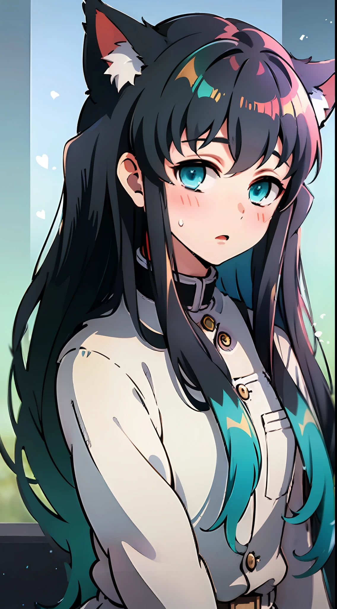 Top Quality, (1boy:1), Cat Ears, Cute, Collar, Solo, Long Hair, Watch Viewer, Bangs, Black Hair, Aqua Eye, Multicolored Hair, Tokito_Muichirou, Blush, Heart