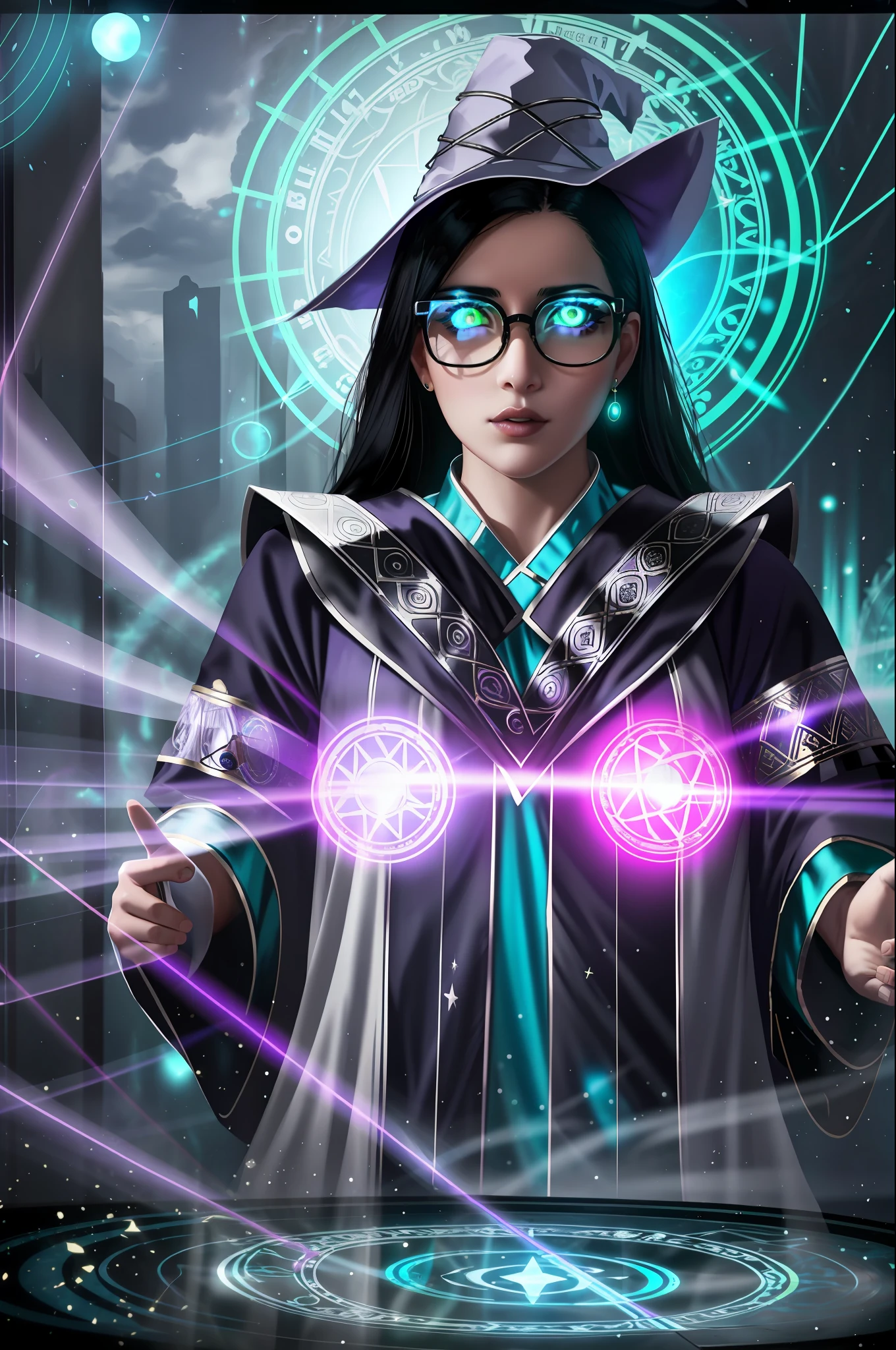 magical, beautiful white witch, black hair, purple gorgeous robe, hat, round glasses, glowing green eyes, dark room, dark atmosphere, crossing from the center of the magic circle, the upper body has just crossed up from the magic array, and the lower body is still hidden in the magic array.