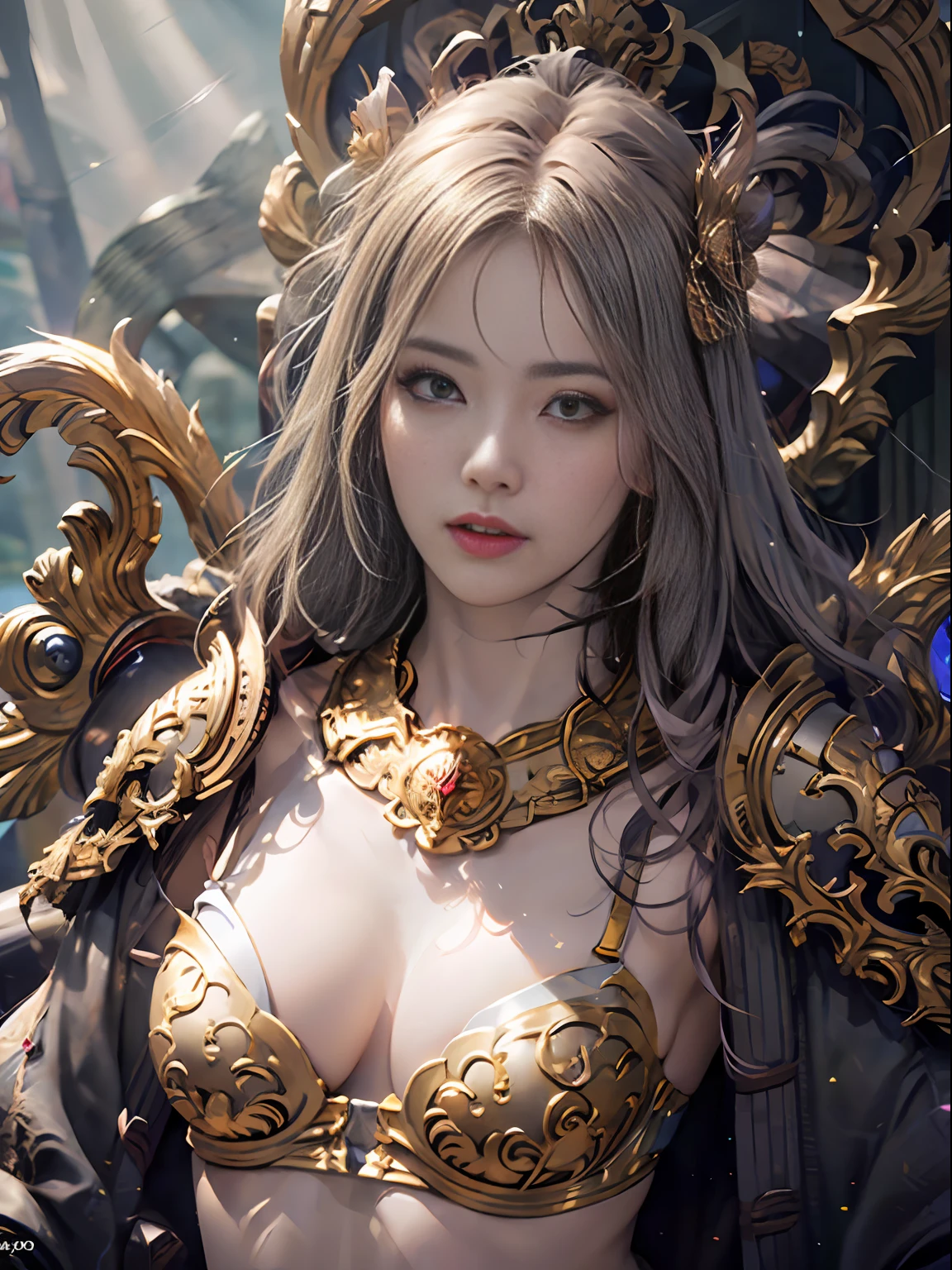 Official Art, Unity 8k wallpaper, ultra detail, masterpiece, best quality, one woman, (very detailed),(RAW photo, best quality),(realistic, photorealistic:1.3),high definition, opening your mouth lightly, ultra-detailed complex 3D rendering of face, (big breasts: 8.8), (highly detailed skin: 1.2), (exposure: 1.1), beautiful caucasian woman with big ass full soft breasts and white skin, (Topless), breasts,(beautiful gray hair))), yellow eyes, long hair, ( (blue micro bikini with silk)), dynamic angle, mystical expression, fire glow effect, fantasy background, rim lighting, side light, cinematic light, ultra high definition, 8k , film grain,best shadow, light particles, detailed skin texture, detailed face, golden eyebrows, ultra detail, watch viewer,(( Strong armor of gold shining with details)), cleavage, slender abs, having shining weapons, holding a beautiful shield, Paul Dron, (((detailed and ornate crown)), glowing eyes, long purple cloak, fantasy, (realistic),