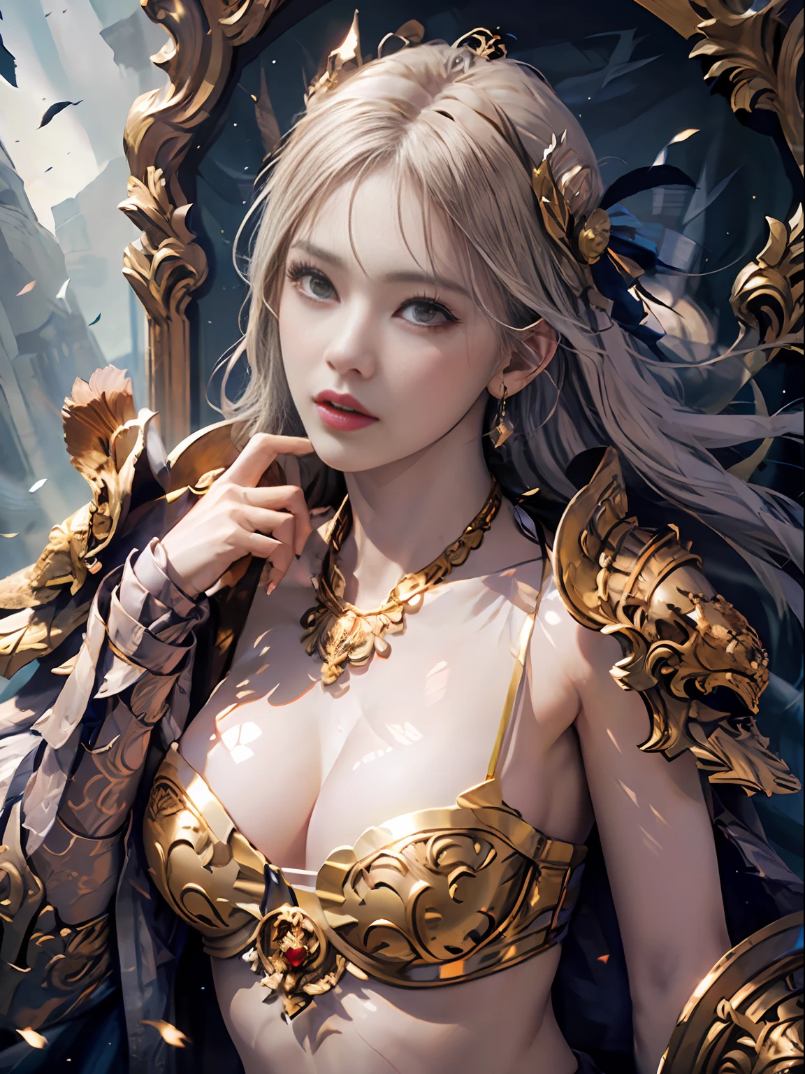 Official Art, Unity 8k wallpaper, ultra detail, masterpiece, best quality, one woman, (very detailed),(RAW photo, best quality),(realistic, photorealistic:1.3),high definition, opening your mouth lightly, ultra-detailed complex 3D rendering of face, (big breasts: 8.8), (highly detailed skin: 1.2), (exposure: 1.1), beautiful caucasian woman with big ass full soft breasts and white skin, (Topless), breasts,(beautiful gray hair))), yellow eyes, long hair, ( (blue micro bikini with silk)), dynamic angle, mystical expression, fire glow effect, fantasy background, rim lighting, side light, cinematic light, ultra high definition, 8k , film grain,best shadow, light particles, detailed skin texture, detailed face, golden eyebrows, ultra detail, watch viewer,(( Strong armor of gold shining with details)), cleavage, slender abs, having shining weapons, holding a beautiful shield, Paul Dron, (((detailed and ornate crown)), glowing eyes, long purple cloak, fantasy, (realistic),