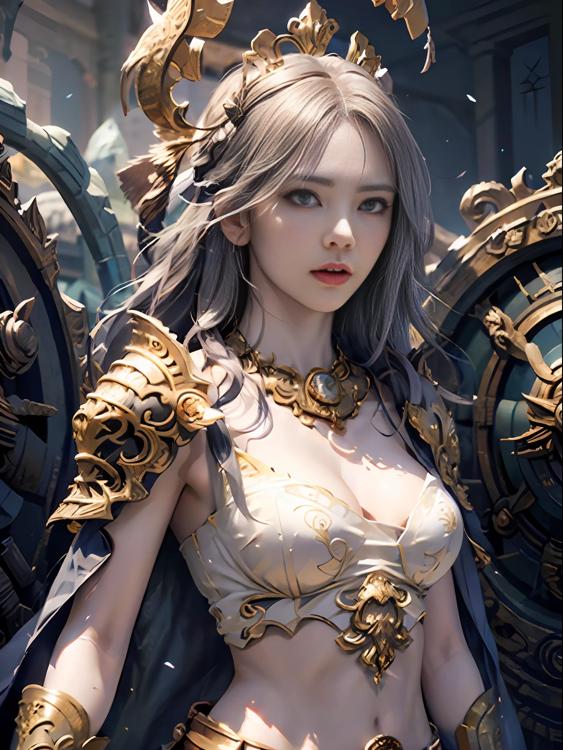 Official Art, Unity 8k wallpaper, ultra detail, masterpiece, best quality, one woman, (very detailed),(RAW photo, best quality),(realistic, photorealistic:1.3),high definition, opening your mouth lightly, ultra-detailed complex 3D rendering of face, (big breasts: 8.8), (highly detailed skin: 1.2), (exposure: 1.1), beautiful caucasian woman with big ass full soft breasts and white skin, (Topless), breasts,(beautiful gray hair))), yellow eyes, long hair, ( (blue micro bikini with silk)), dynamic angle, mystical expression, fire glow effect, fantasy background, rim lighting, side light, cinematic light, ultra high definition, 8k , film grain,best shadow, light particles, detailed skin texture, detailed face, golden eyebrows, ultra detail, watch viewer,(( Strong armor of gold shining with details)), cleavage, slender abs, having shining weapons, holding a beautiful shield, Paul Dron, (((detailed and ornate crown)), glowing eyes, long purple cloak, fantasy, (realistic),