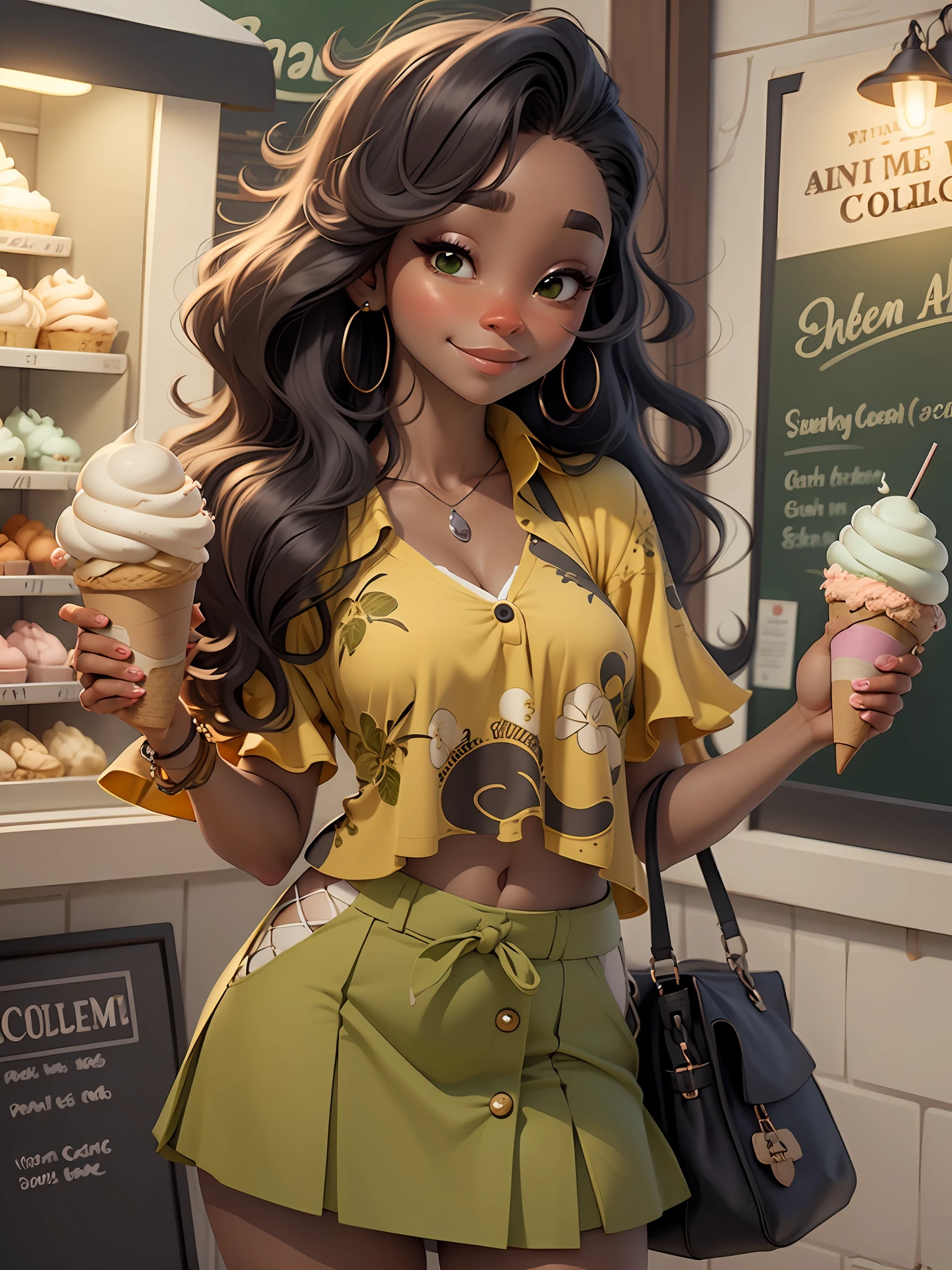 happy African American college girl with white shirt and green short skirt, buying an ice cream from ice cream shop, highly detailed, detailed fingers