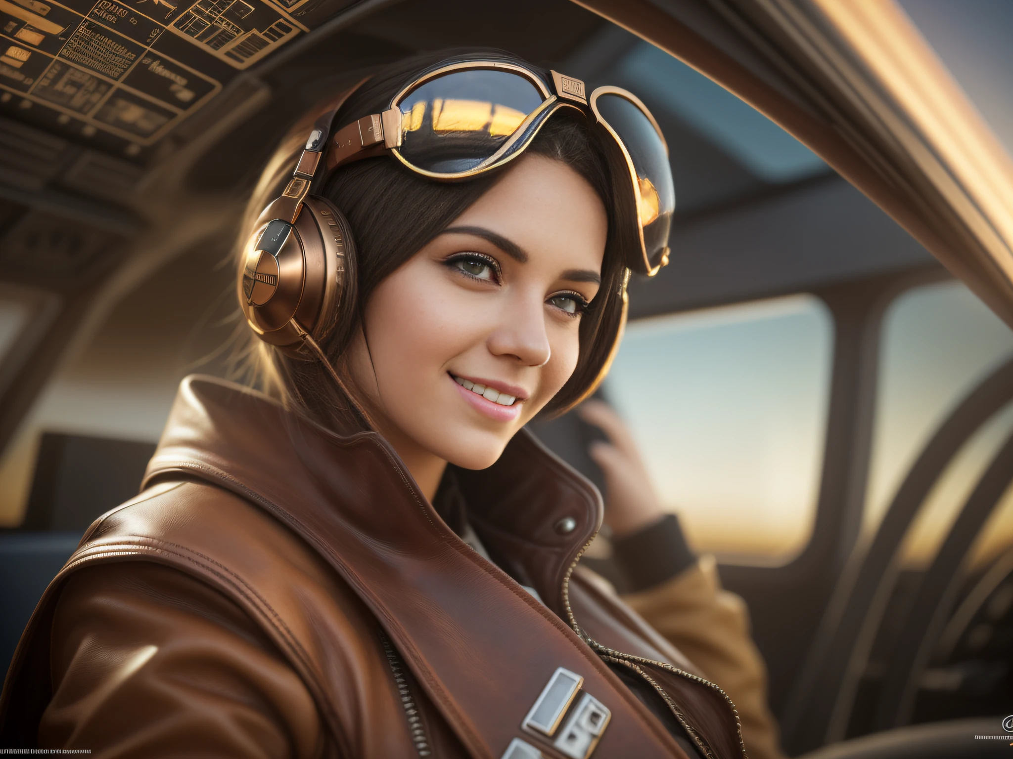 Cinematic steampunk star wars race pod pilot girl, looking at camera, facing camera, beautiful smile with closed lips, in complex hyper-detailed cockpit, red sunlight in your hair, dust desert punk, close-up, real and well-worn-looking clothes, mate leather, used leather clothing, lots of metal, copper and bronze, tight space, cinematic lighting, depth-of-field, hyper detailed, best quality, ultra high res, photorealistic, high resolution, detailed, raw photo, golden hour, lens flare, bloom, epic atmosphere, warm light, bokeh, high contrast, hdr, chromatic aberration, finely detailed eyes and detailed face, extremedetailed CG unit, 8k, intricate details, masterpiece, raw photo,