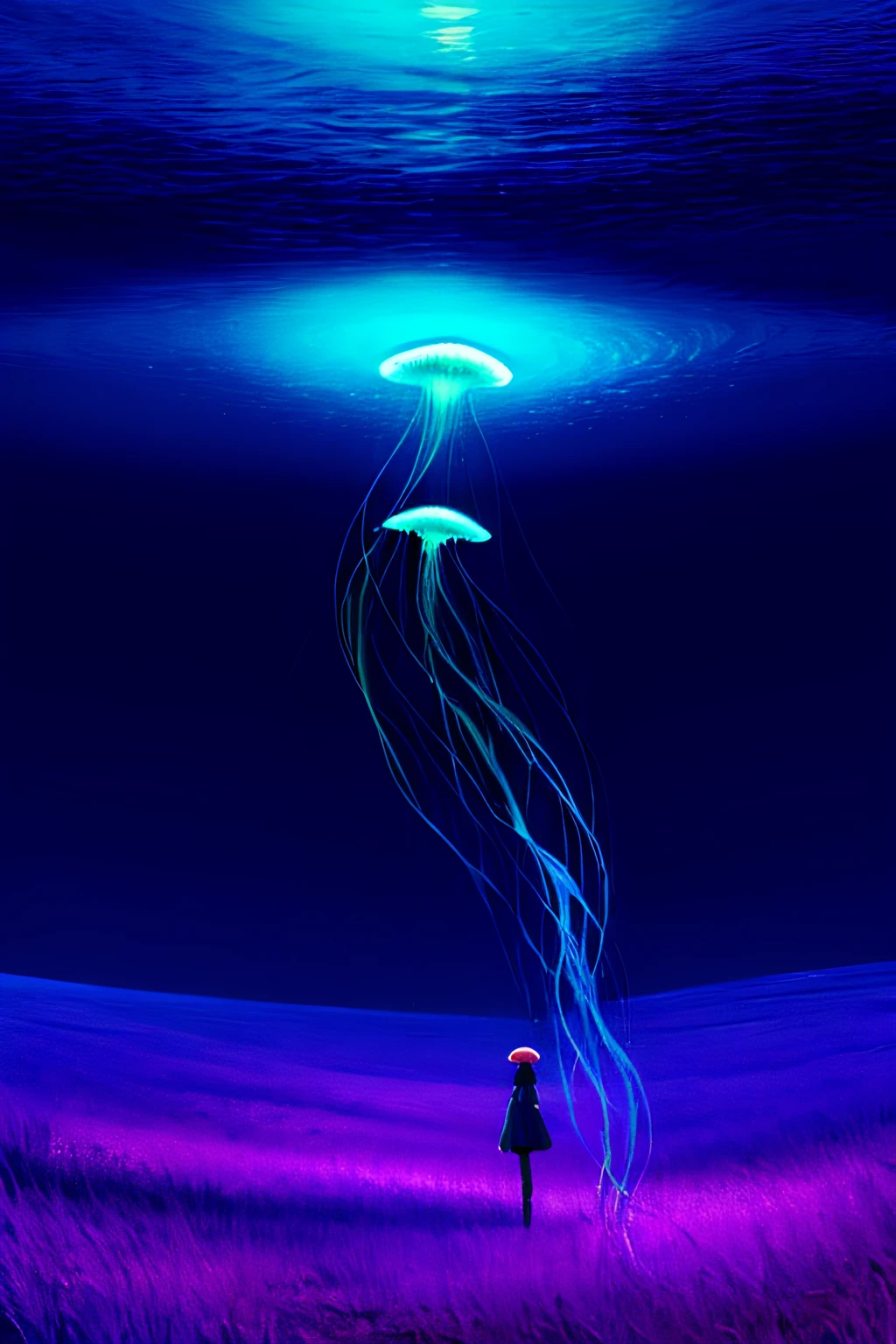 Colorful, no humans, jellyfish, landscape, 1girl, upper body,