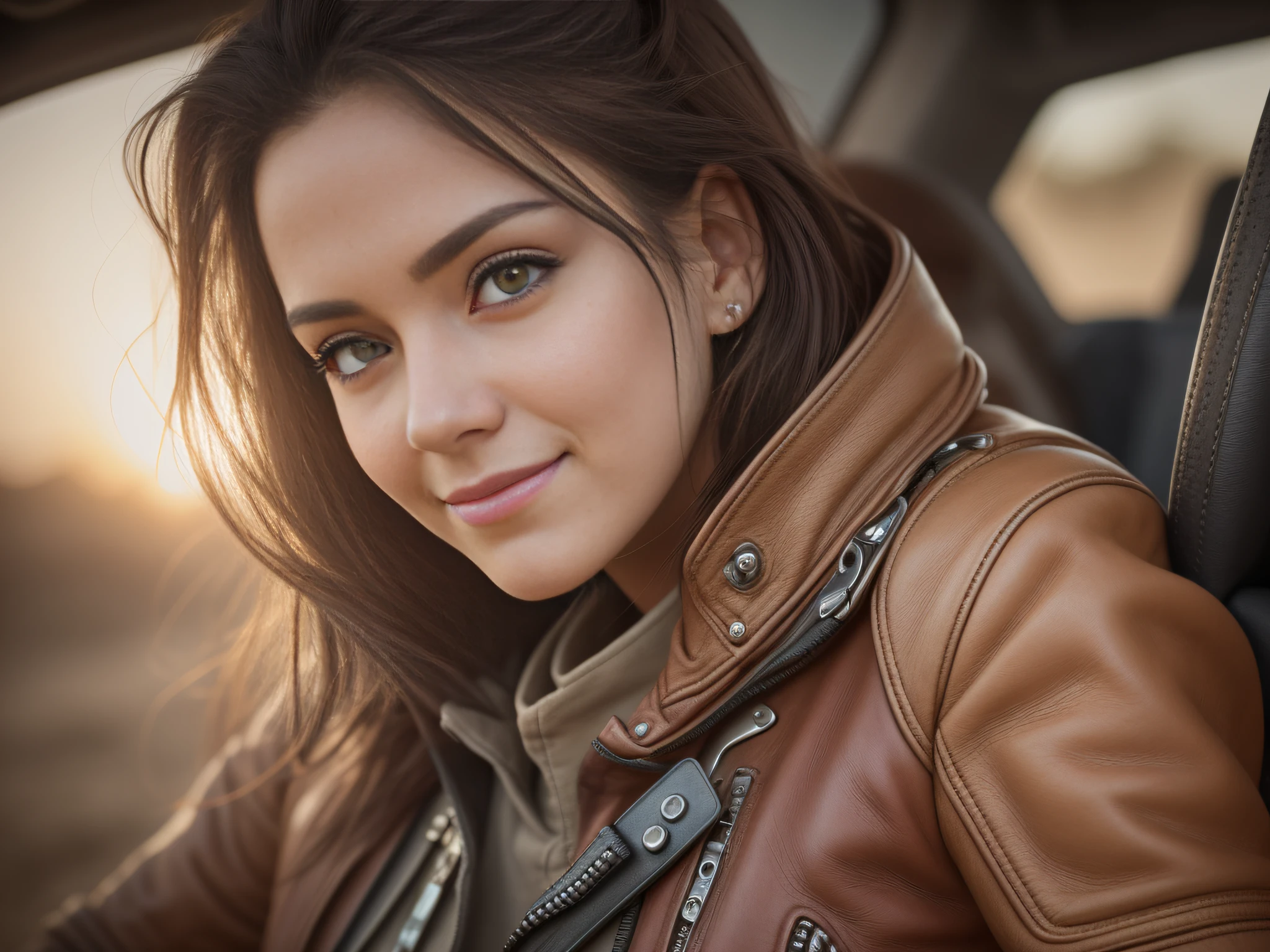 Cinematic steampunk star wars race pod pilot girl, looking at camera, facing camera, beautiful smile with closed lips, in complex hyper-detailed cockpit, red sunlight in your hair, dust desert punk, close-up, real and well-worn-looking clothes, mate leather, used leather clothing, lots of metal, copper and bronze, tight space, cinematic lighting, depth-of-field, hyper detailed, best quality, ultra high res, photorealistic, high resolution, detailed, raw photo, golden hour, lens flare, bloom, epic atmosphere, warm light, bokeh, high contrast, hdr, chromatic aberration, finely detailed eyes and detailed face, extremedetailed CG unit, 8k, intricate details, masterpiece, raw photo,