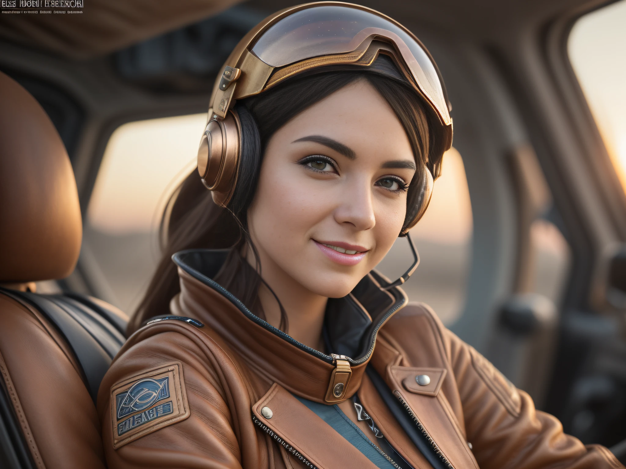 Cinematic steampunk star wars race pod pilot girl, looking at camera, facing camera, beautiful smile with closed lips, in complex hyper-detailed cockpit, red sunlight in your hair, dust desert punk, close-up, real and well-worn-looking clothes, mate leather, used leather clothing, lots of metal, copper and bronze, tight space, cinematic lighting, depth-of-field, hyper detailed, best quality, ultra high res, photorealistic, high resolution, detailed, raw photo, golden hour, lens flare, bloom, epic atmosphere, warm light, bokeh, high contrast, hdr, chromatic aberration, finely detailed eyes and detailed face, extremedetailed CG unit, 8k, intricate details, masterpiece, raw photo,