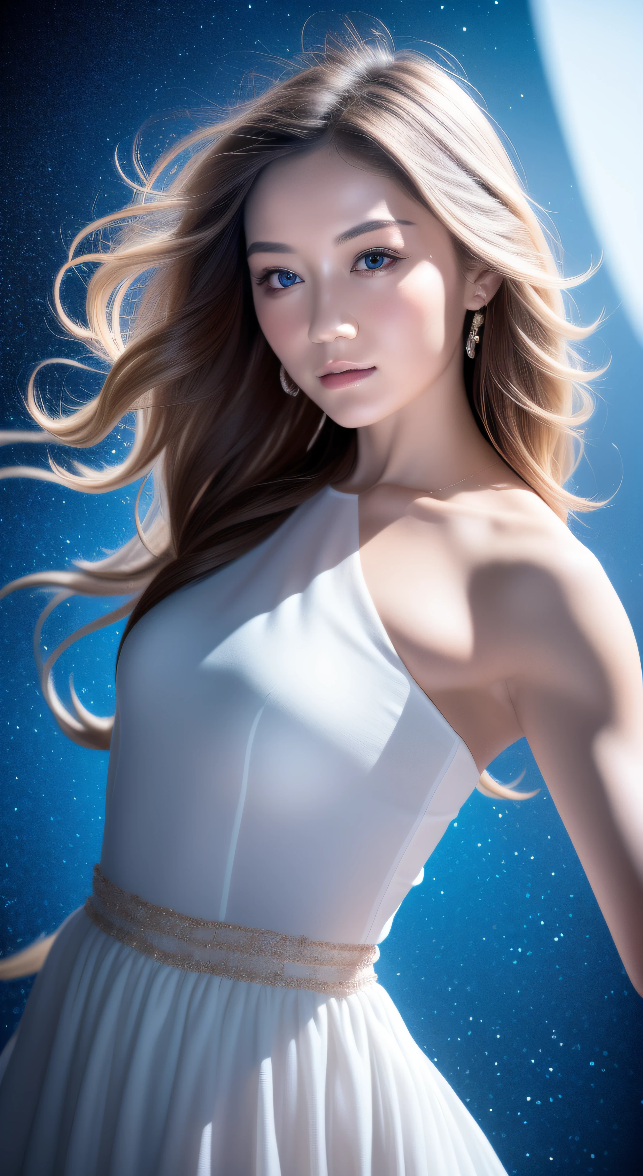 (best quality, masterpiece), young woman, pose, happy, particle, wind, flower, upper body, simple background, looking at viewer, long curly windblown blonde hair, galaxy,backlit,rimlight,beautiful artwork,perfect composition