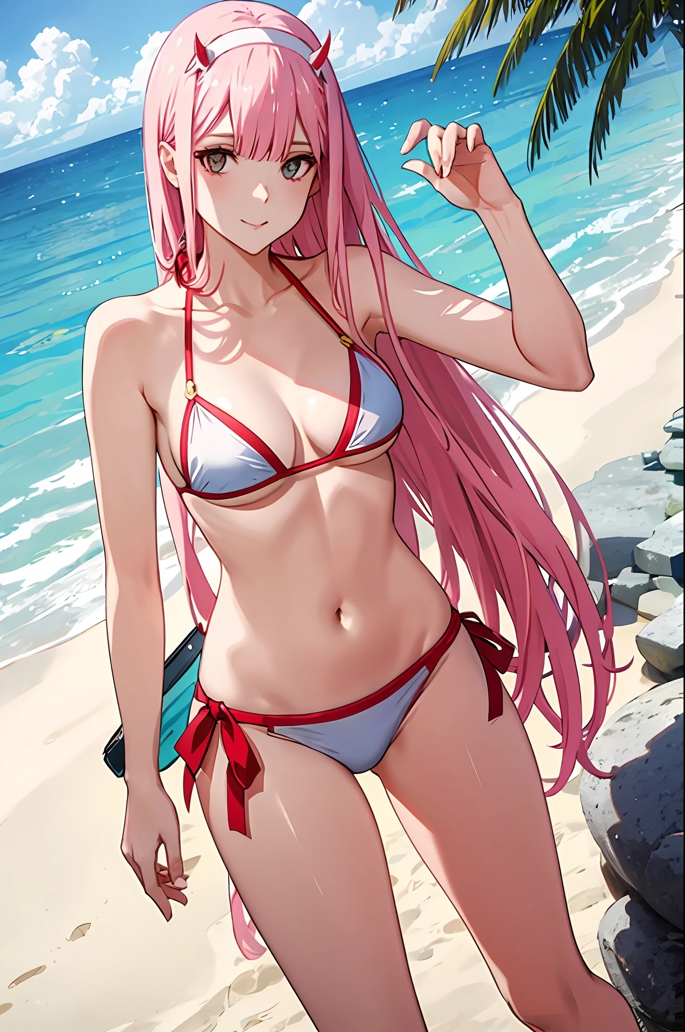 zero two, side tie bikini, medium breast, slim legs, sunny day, Beach, leaning, beautiful eyes