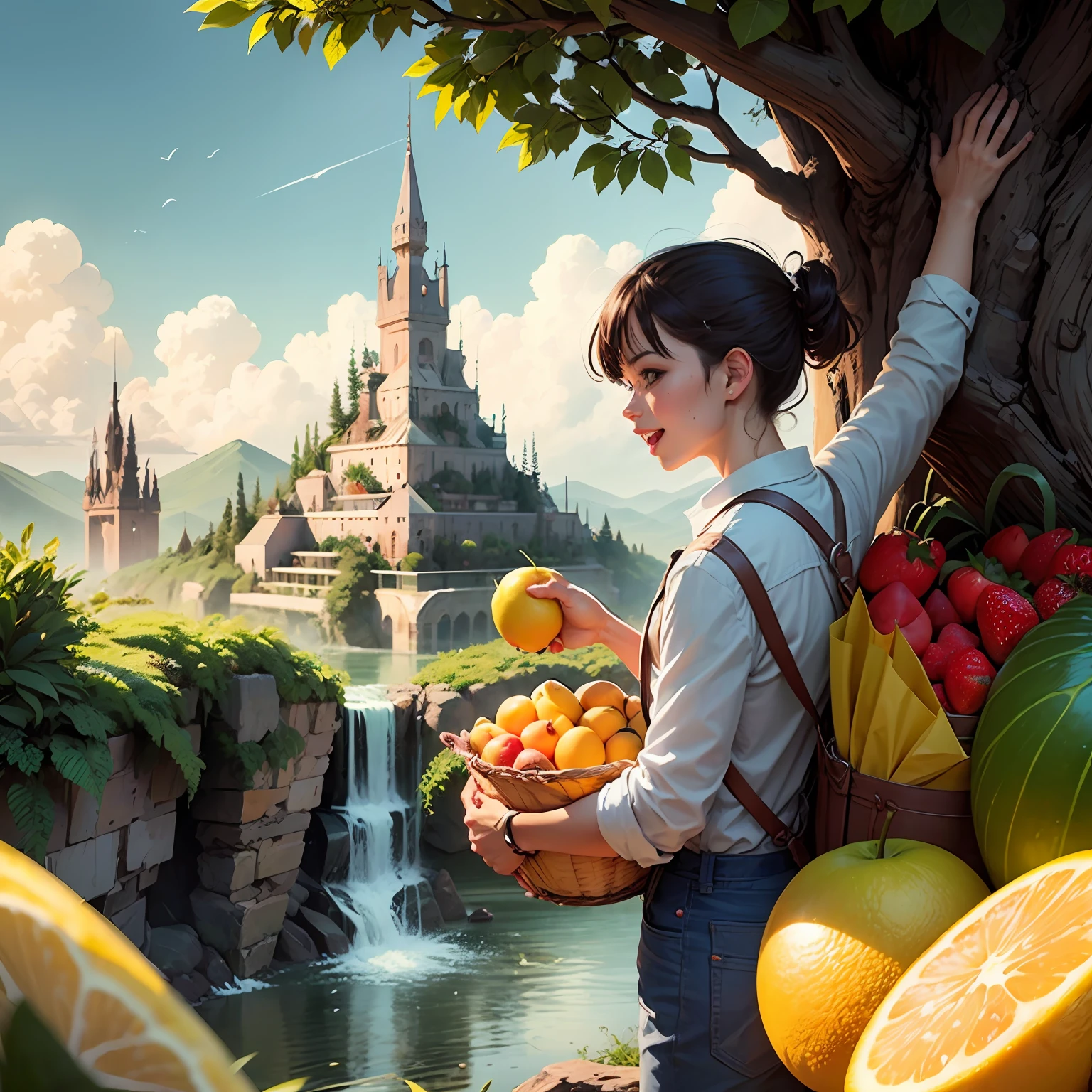 "Create a fascinating cover illustration for the book 'The Magical Adventures of the Fruit Friends.' On the cover are strawberries, oranges, apples, grapes, watermelons, pineapples, bananas, cherries, peaches and lemons. Imagine the vibrant and colorful scenes in which the Fruity Friends characters embark on a thrilling journey through this fruity wonderland. Fruits adorn trees, cascade down waterfalls, form quirky structures, and the atmosphere should be filled with excitement and curiosity. The title "The Magical Adventures of Fruit Companions" should be prominently displayed to radiate a sense of enchantment and invite young readers to adventure. With fruit as the protagonist, create a captivating visual feast that sparks the imagination and captures joy. --auto