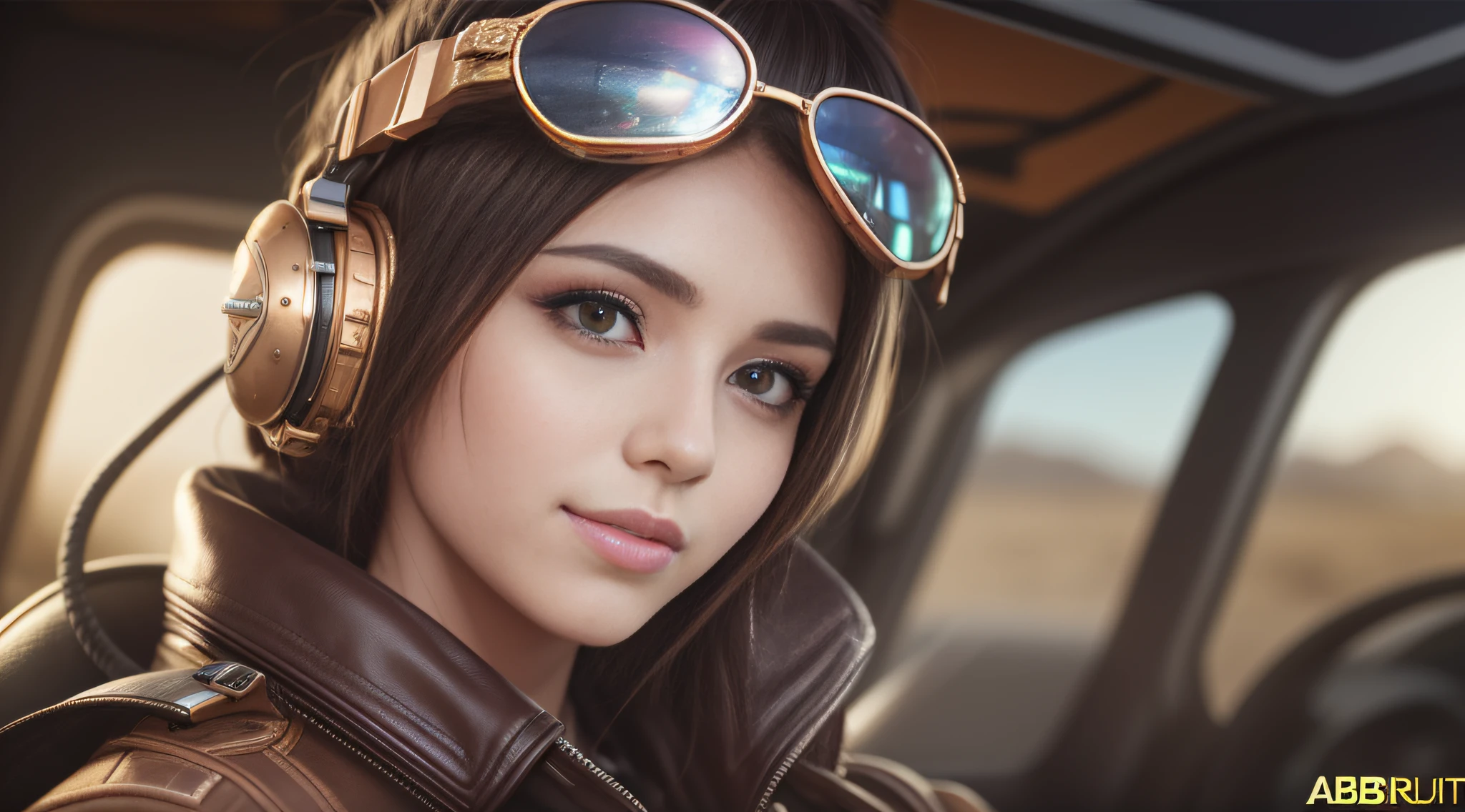 cinematic steampunk star wars race pod pilot girl, looking at camera, facing camera, beautiful smile with closed lips, in complex hyper-detailed cockpit, red sunlight in your hair, dust desert punk, close-up, real and well-worn-looking clothes, mate leather, used leather clothing, lots of metal, copper and bronze, tight space, cinematic lighting, depth-of-field, hyper detailed, best quality, ultra high res, photorealistic, high resolution, detailed, raw photo, golden hour, lens flare, bloom, epic atmosphere, warm light, bokeh, high contrast, hdr, chromatic aberration, finely detailed eyes and detailed face, extremedetailed CG unit, 8k, intricate details, masterpiece, raw photo,