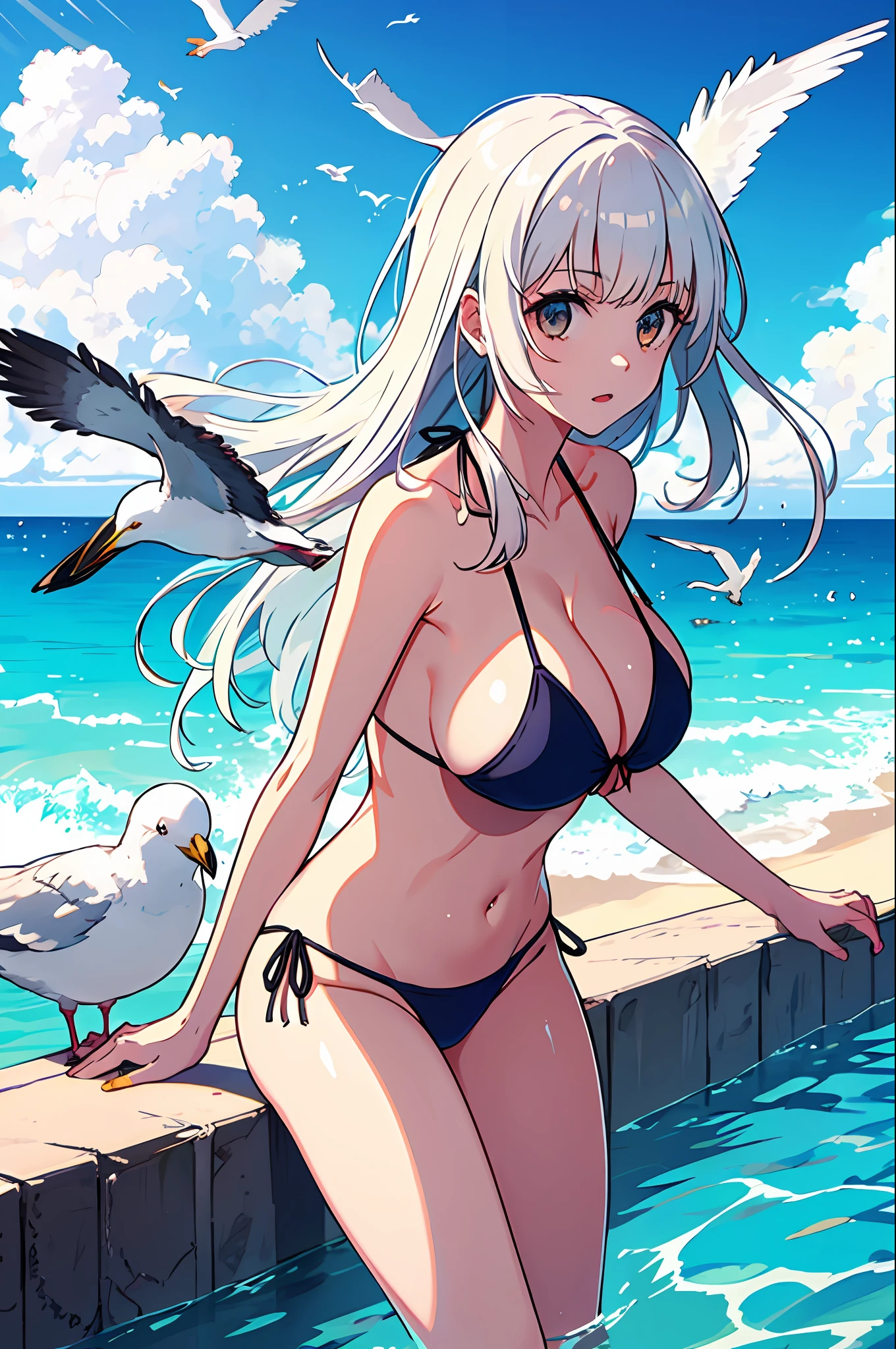 1 girl, seagull, epilogue, ocean, bikini, big breast, long hair, white hair