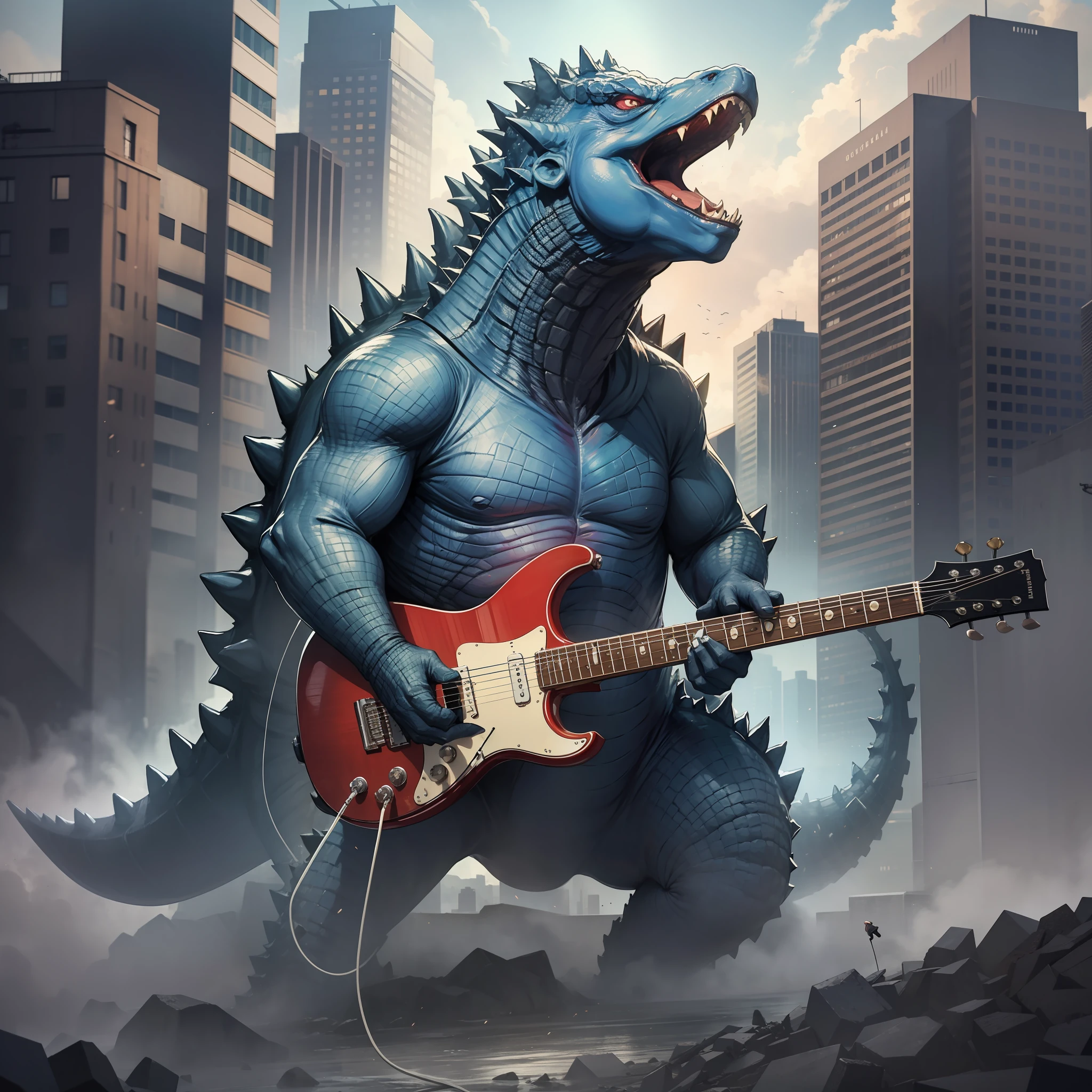 Detailed, 4K, artwork, Godzilla, playing guitar,