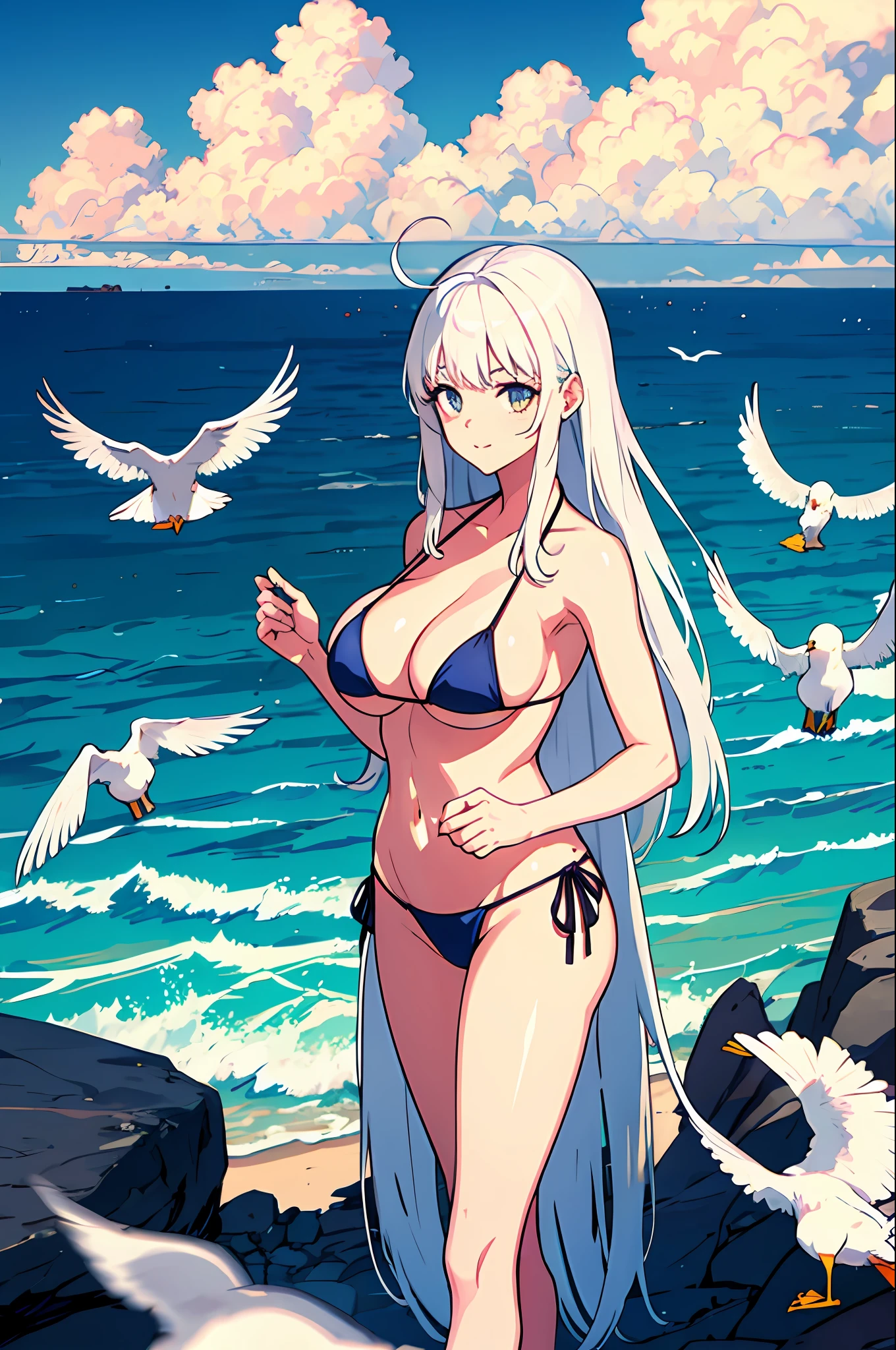 1 girl, seagull, epilogue, ocean, bikini, big breast, long hair, white hair