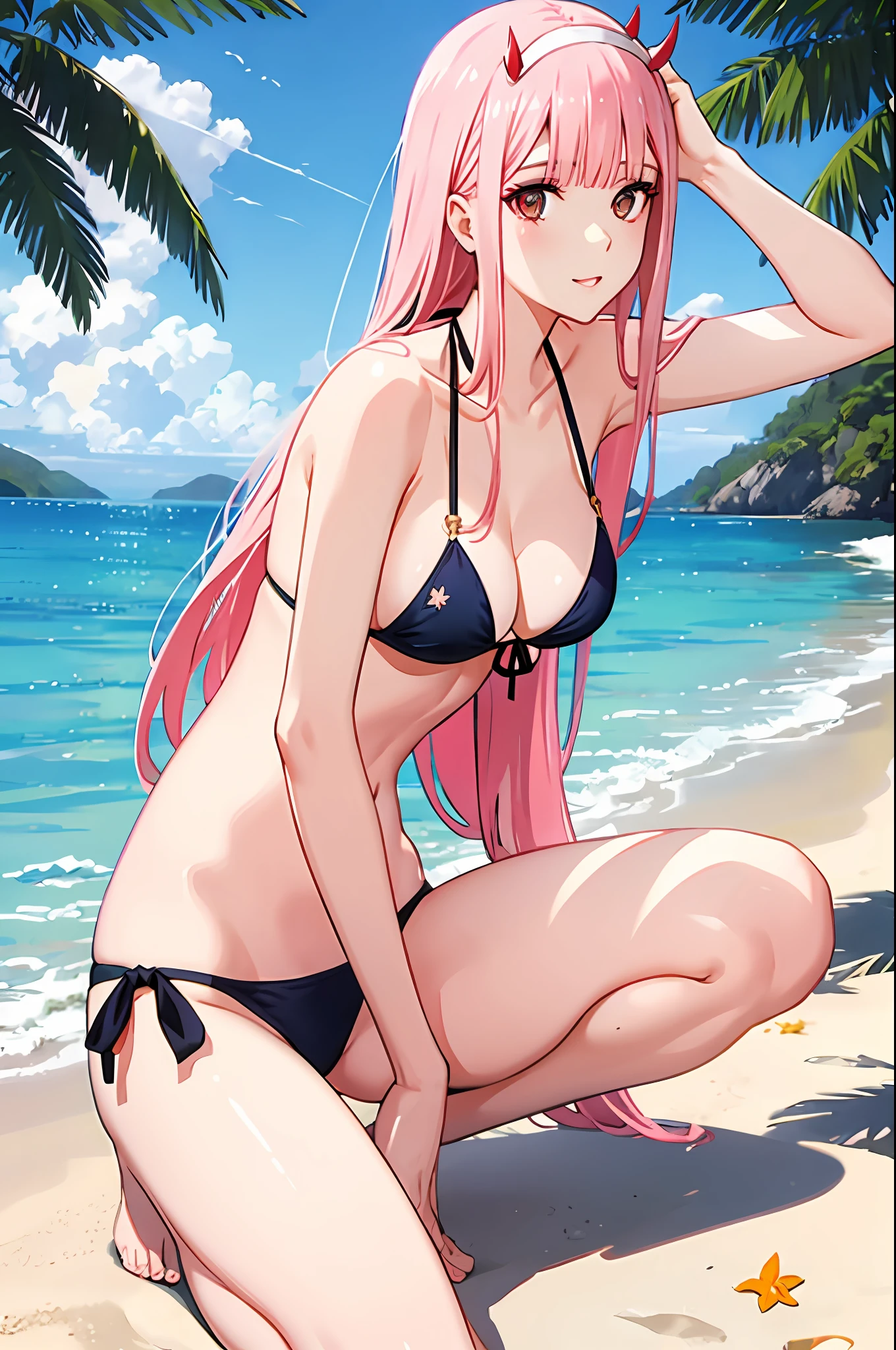 zero two, side tie bikini, medium breast, slim legs, sunny day, Beach, leaning, beautiful eyes
