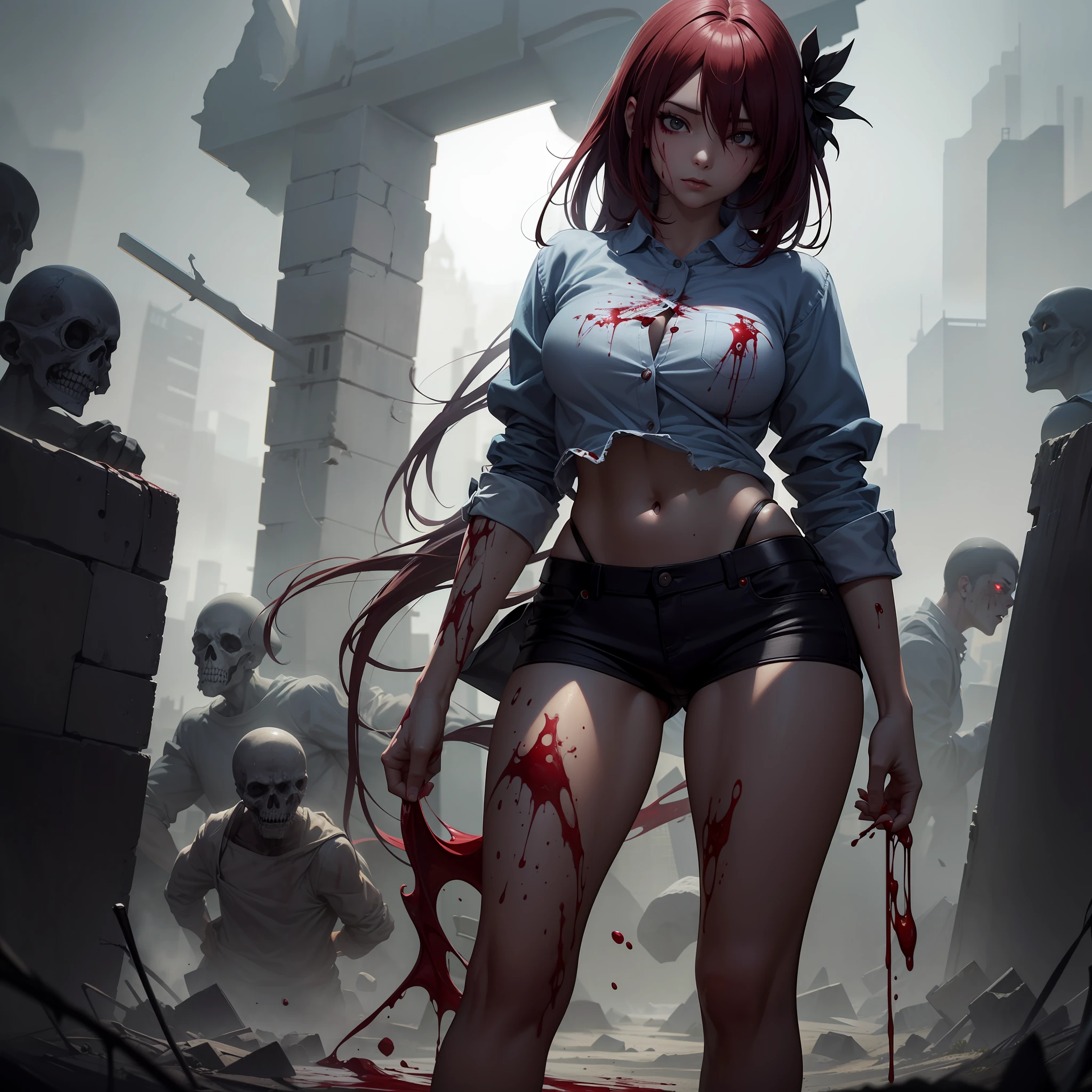 1 Female, Aesthetic: 1.2), (High Resolution, Absurd Resolution, 8K Resolution, 4K Resolution: 1.3), (Complex, Complex, Retouched Images, HDR: 1.8), (Sharp Focus: 1.5), (Digital Painting: 0.8), (Anime: 1.8), Color Grade, Soft Lighting, Intense Shadows, Detailed Backgrounds, Ruins, Blood, Zombies, Slender Waist, Sexy Legs, Big, Horror
