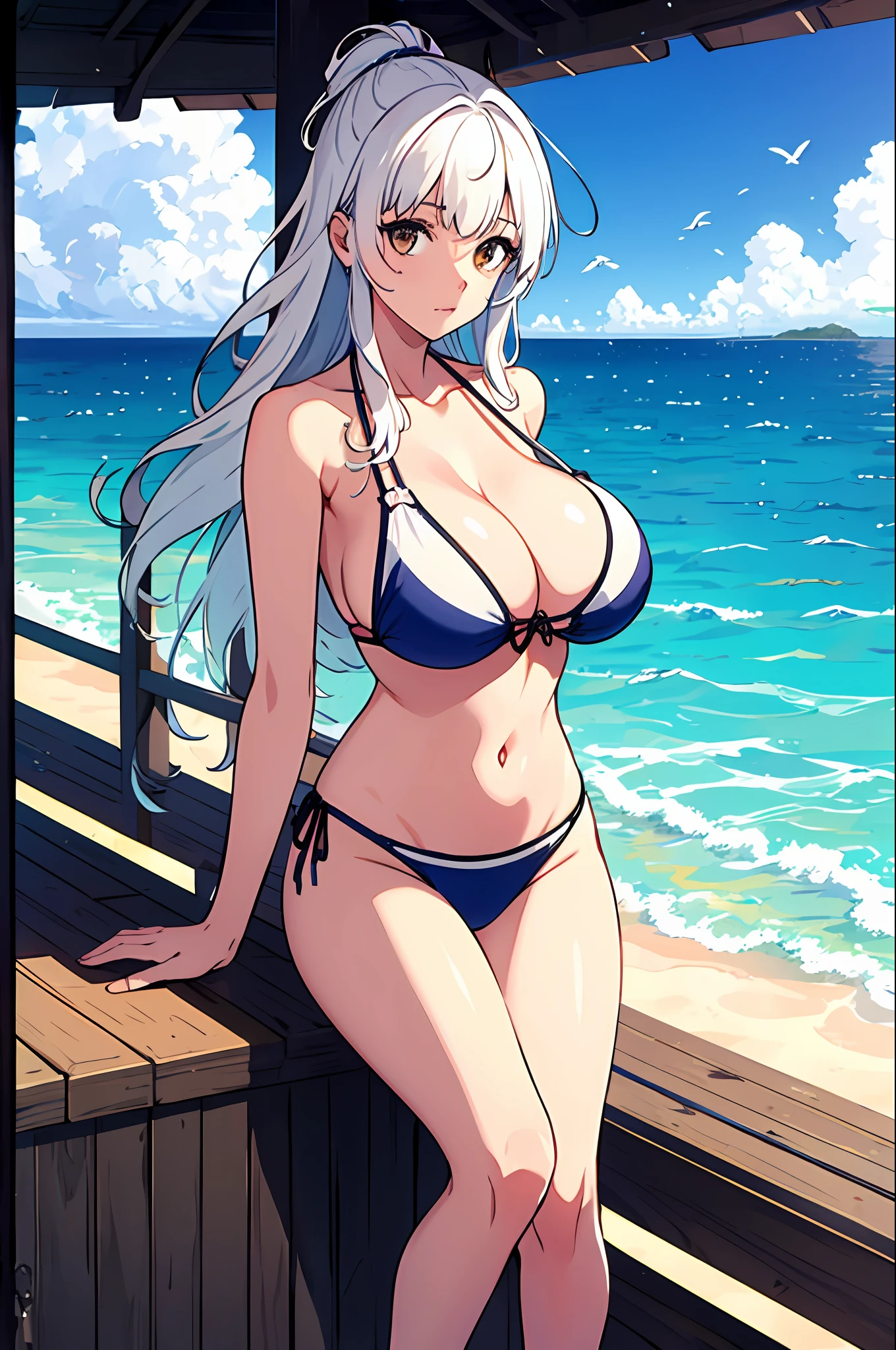 1 girl, seagull, epilogue, ocean, bikini, big breast, long hair, white hair