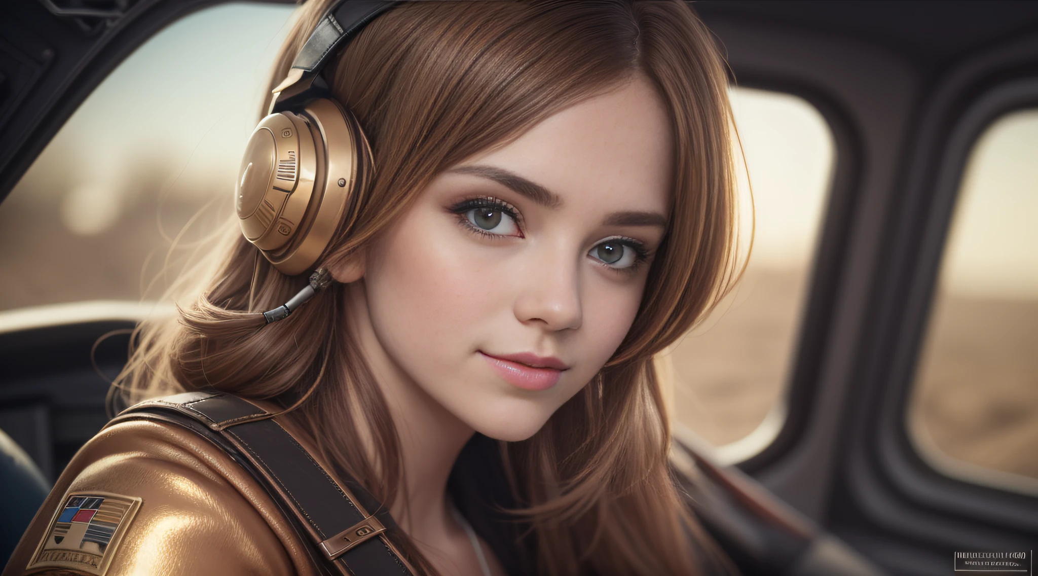 cinematic steampunk star wars race pod pilot girl, looking at camera, facing camera, beautiful smile with closed lips, in complex hyper-detailed cockpit, red sunlight in your hair, dust desert punk, close-up, real and well-worn-looking clothes, mate leather, used leather clothing, lots of metal, copper and bronze, tight space, cinematic lighting, depth-of-field, hyper detailed, best quality, ultra high res, photorealistic, high resolution, detailed, raw photo, golden hour, lens flare, bloom, epic atmosphere, warm light, bokeh, high contrast, hdr, chromatic aberration, finely detailed eyes and detailed face, extremedetailed CG unit, 8k, intricate details, masterpiece, raw photo,