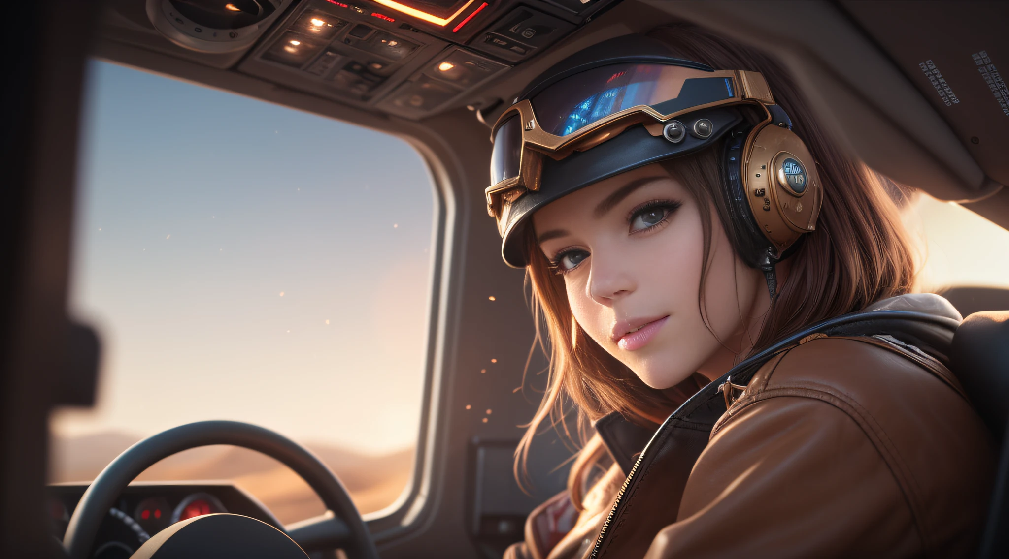 cinematic steampunk star wars race pod pilot girl, looking at camera, facing camera, beautiful smile with closed lips, in complex hyper-detailed cockpit, red sunlight in your hair, dust desert punk, close-up, real and well-worn-looking clothes, mate leather, used leather clothing, lots of metal, copper and bronze, tight space, cinematic lighting, depth-of-field, hyper detailed, best quality, ultra high res, photorealistic, high resolution, detailed, raw photo, golden hour, lens flare, bloom, epic atmosphere, warm light, bokeh, high contrast, hdr, chromatic aberration, finely detailed eyes and detailed face, extremedetailed CG unit, 8k, intricate details, masterpiece, raw photo,