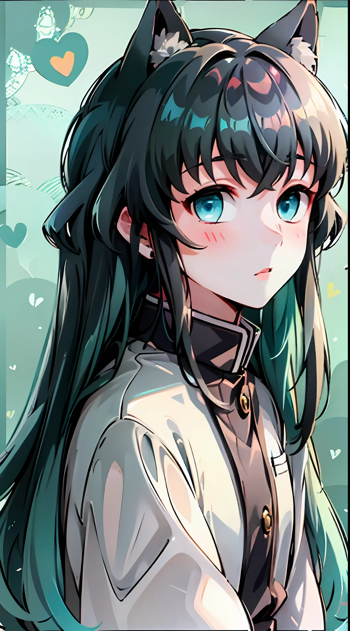 Top Quality, (1boy:1), Cat Ears, Cute, Collar, Solo, Long Hair, Watch Viewer, Bangs, Black Hair, Aqua Eye, Multicolored Hair, Tokito_Muichirou, Blush, Heart