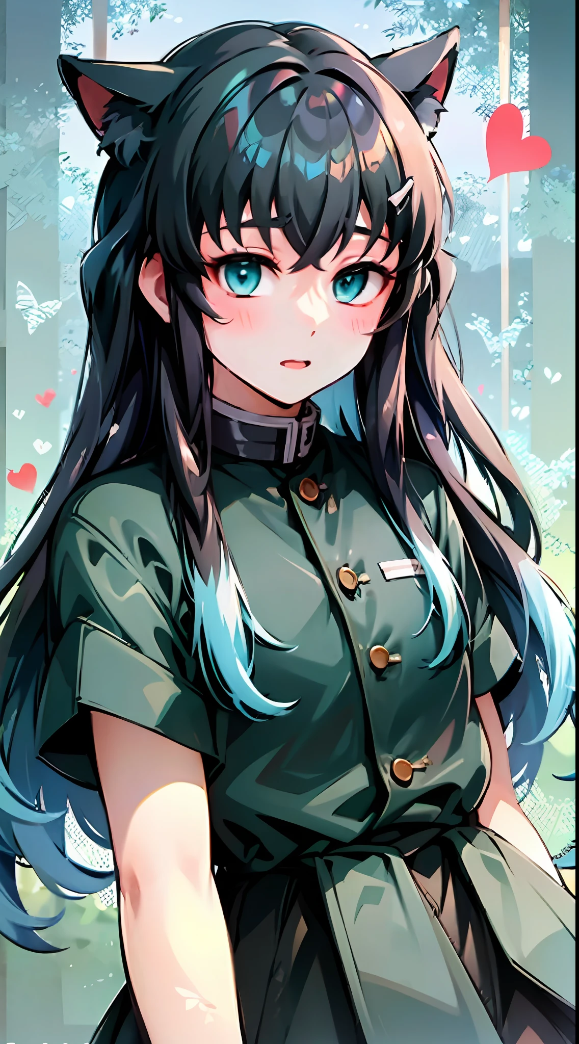 Top Quality, (1boy:1), Cat Ears, Cute, Collar, Solo, Long Hair, Watch Viewer, Bangs, Black Hair, Aqua Eye, Multicolored Hair, Tokito_Muichirou, Blush, Heart